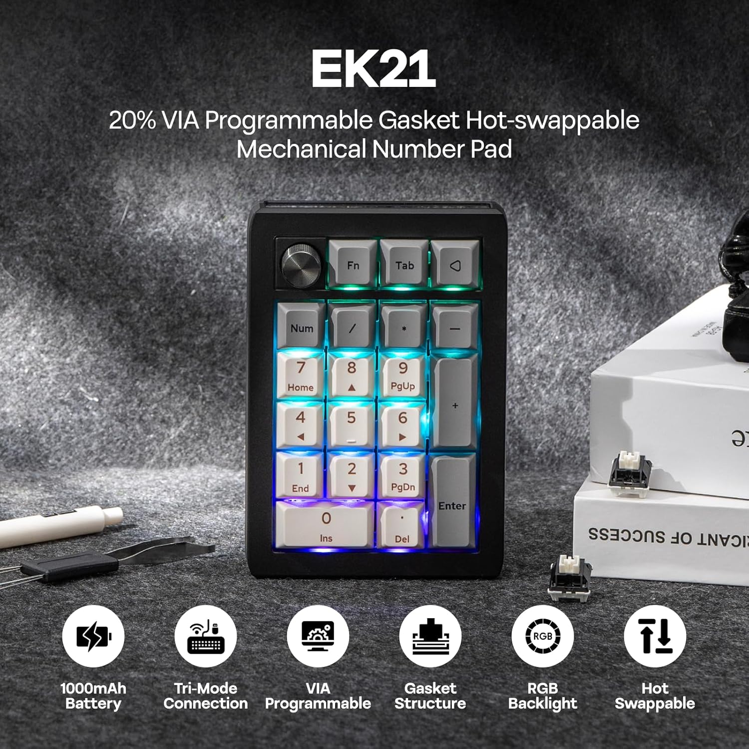 EK21  
20% VIA Programmable Gasket Hot-swappable Mechanical Number Pad  
Fn Tab Num / 7 Home 8 9 PgUp 4 1 End 5 2 6 3 PgDn + e 0 Ins Del Enter  

SUCCESS OF ICANT RGB  
1000mAh Tri-Mode VIA Gasket RGB Hot Battery Connection Programmable Structure Backlight Swappable