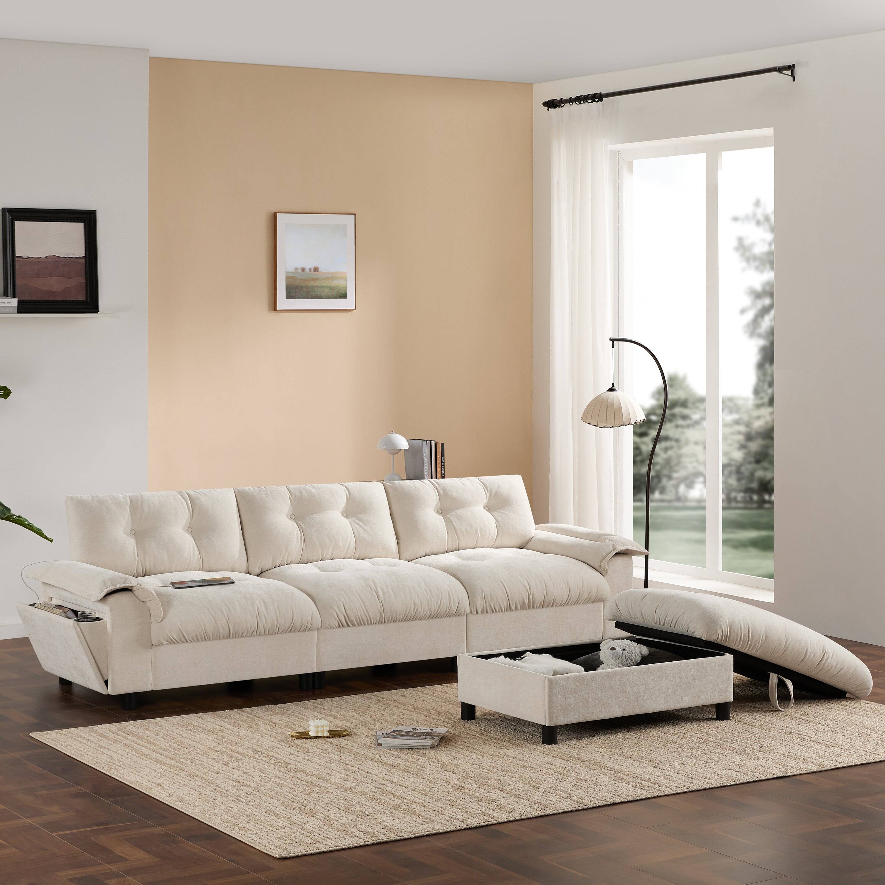 Alt View 1. Boyel Living - L-Shaped Sectional Sofa Tufted Design Multifunctional Armrest Beige Chenille 4 Seat - Beige.