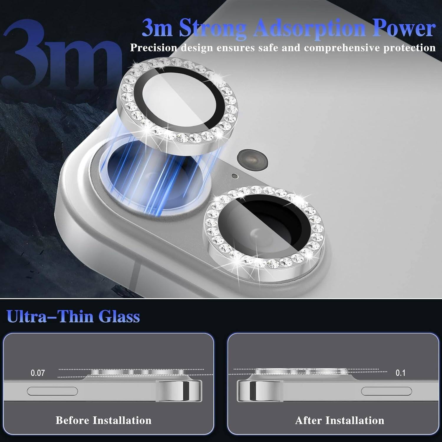 3m Strong Adsorption Power  
Precision design ensures safe and comprehensive protection  

Ultra-Thin Glass  
0.07 Before Installation  
0.1 After Installation