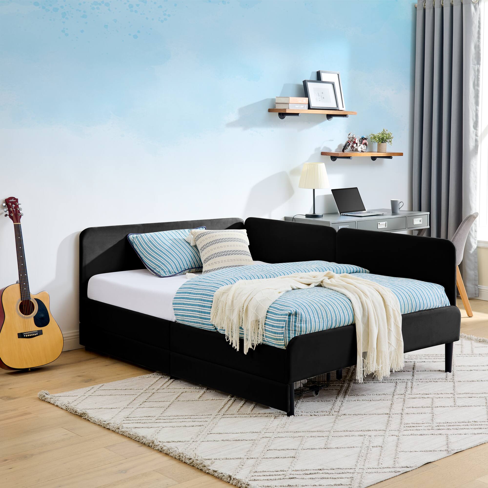 Alt View 4. Ecooso - Full Size Upholstered Platform Bed Frame with 2 Storage Drawers, Adjustable Velvet Sofa Bed - Black.