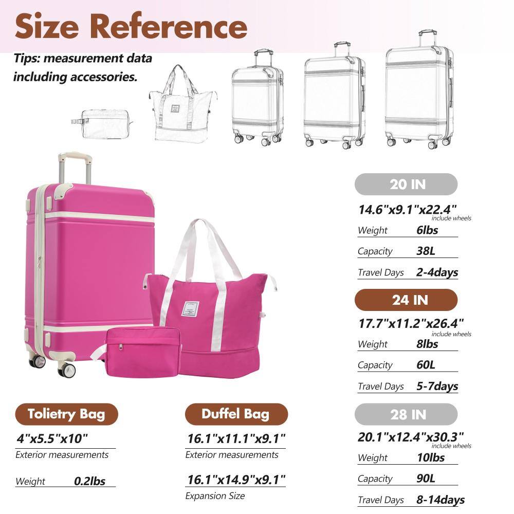 **Size Reference Tips:**
Measurement data including accessories.

**20 IN**
- Dimensions: 14.6" x 9.1" x 22.4" (include wheels)
- Weight: 6lbs
- Capacity: 38L
- Travel Days: 2-4 days

**24 IN**
- Dimensions: 17.7" x 11.2" x 26.4" (include wheels)
- Weight: 8lbs
- Capacity: 60L
- Travel Days: 5-7 days

**28 IN**
- Dimensions: 20.1" x 12.4" x 30.3" (include wheels)
- Weight: 10lbs
- Capacity: 90L
- Travel Days: 8-14 days

**Toilettry Bag**
- Exterior measurements: 4" x 5.5" x 10"
- Weight: 0.2lbs

**Duffel Bag**
- Exterior measurements: 16.1" x 11.1" x 9.1"
- Expansion Size: 16.1" x
