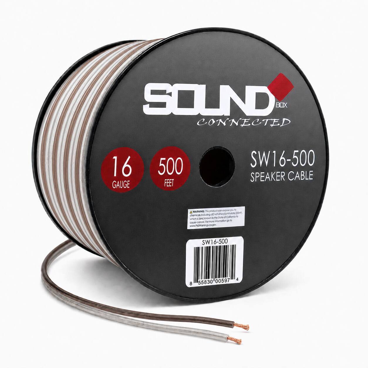 SOUND BOX CONNECTED  
16 GAUGE  
500 FEET  
SW16-500 SPEAKER CABLE  

WARNING: This product can expose you to chemicals including lead, which is known to the State of California to cause cancer. For more information go to www.P6labelings.ca.gov.  

SW16-500  
00597 4 8 55830