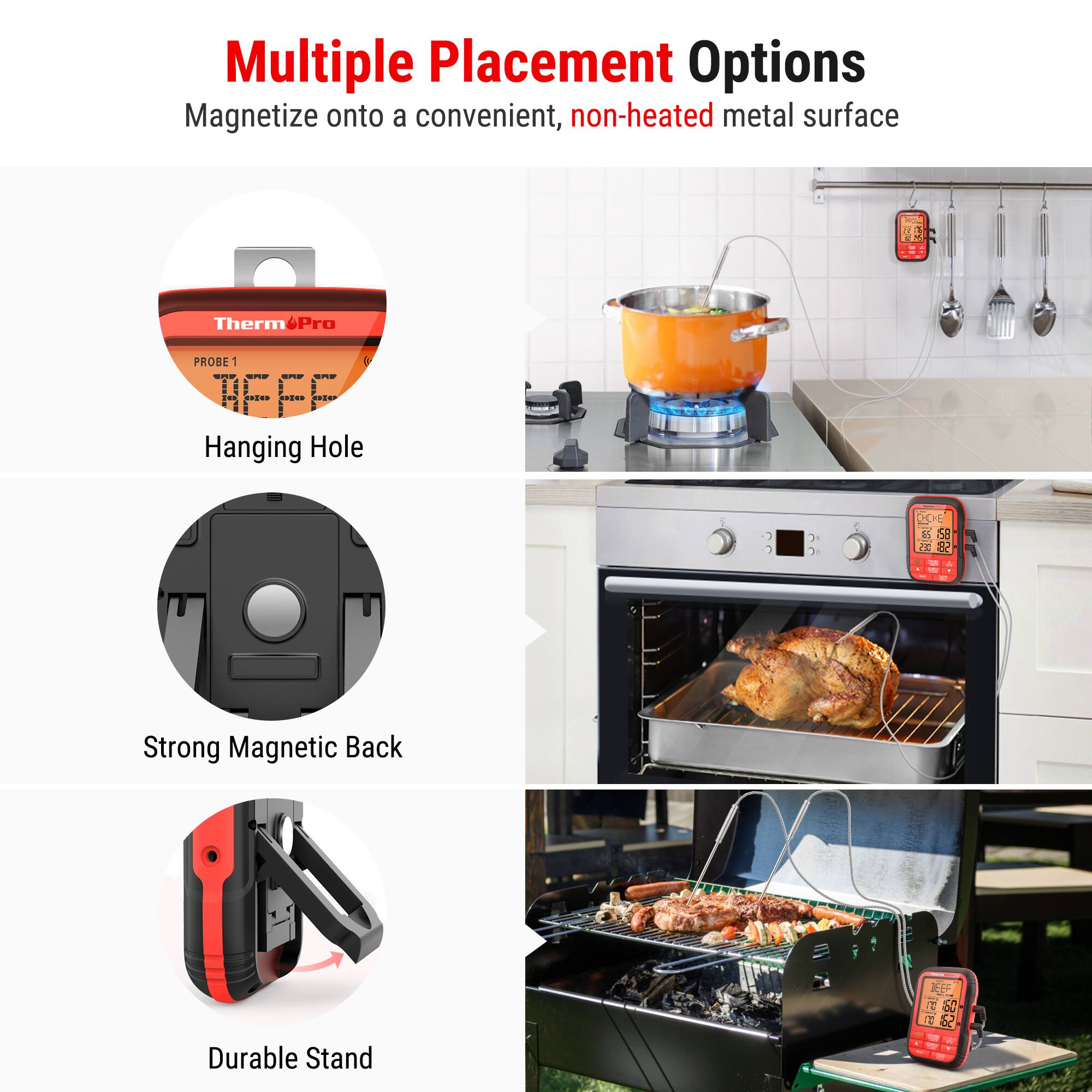 The text on the image is grouped and corrected as follows:

Multiple Placement Options Magnetize onto a convenient, non-heated metal surface - ThermPro Pro PROBE1 1 TFFF Hanging Hole 7 2 CCE - A Strong Magnetic Back Durable Stand JEEF pere PES - - FOT