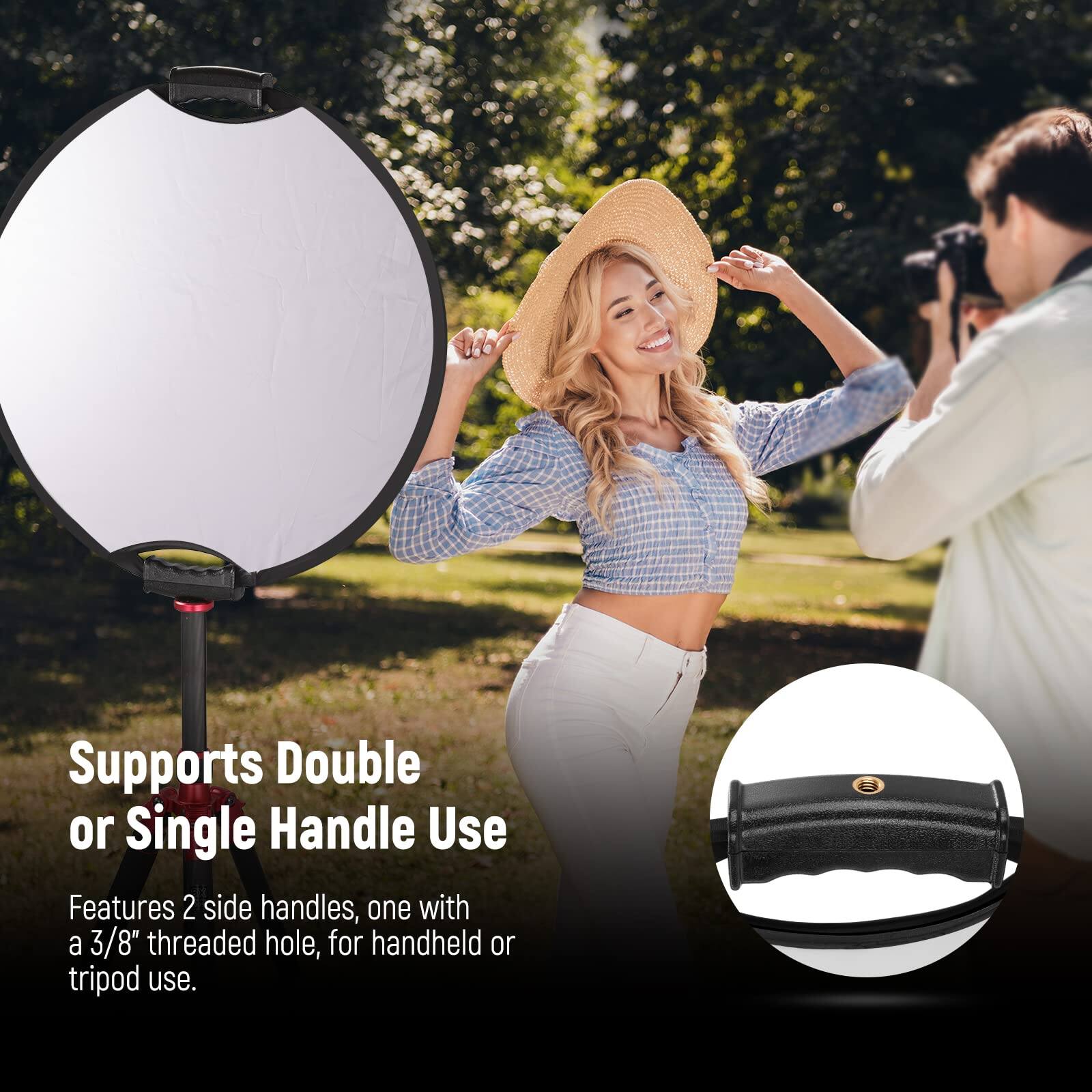 Supports Double or Single Handle Use  
Features 2 side handles, one with a 3/8" threaded hole, for handheld or tripod use.