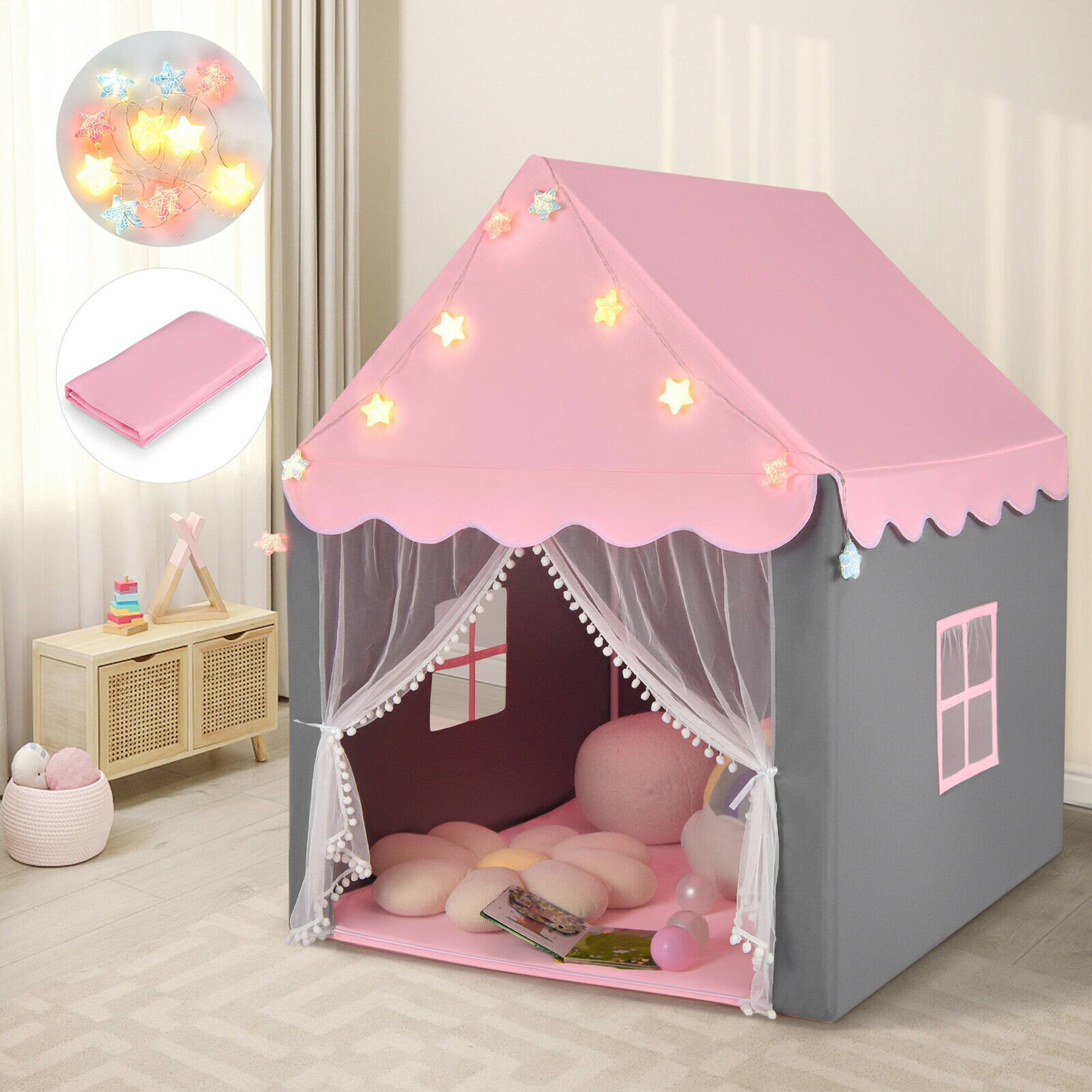 Gymax - Kids Playhouse Tent Large Castle Fairy Tent Gift w/Star Lights Mat Pink - Pink + Gray