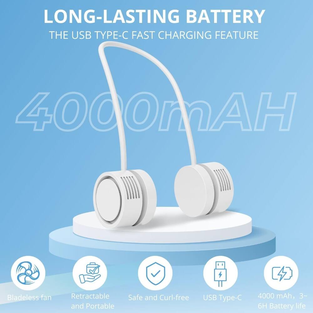LONG-LASTING BATTERY  
THE USB TYPE-C FAST CHARGING FEATURE  
4000mAh Bladeless fan  
Retractable and Portable  
Safe and Curl-free  
USB Type-C  
4000 mAh, 3~6H Battery life