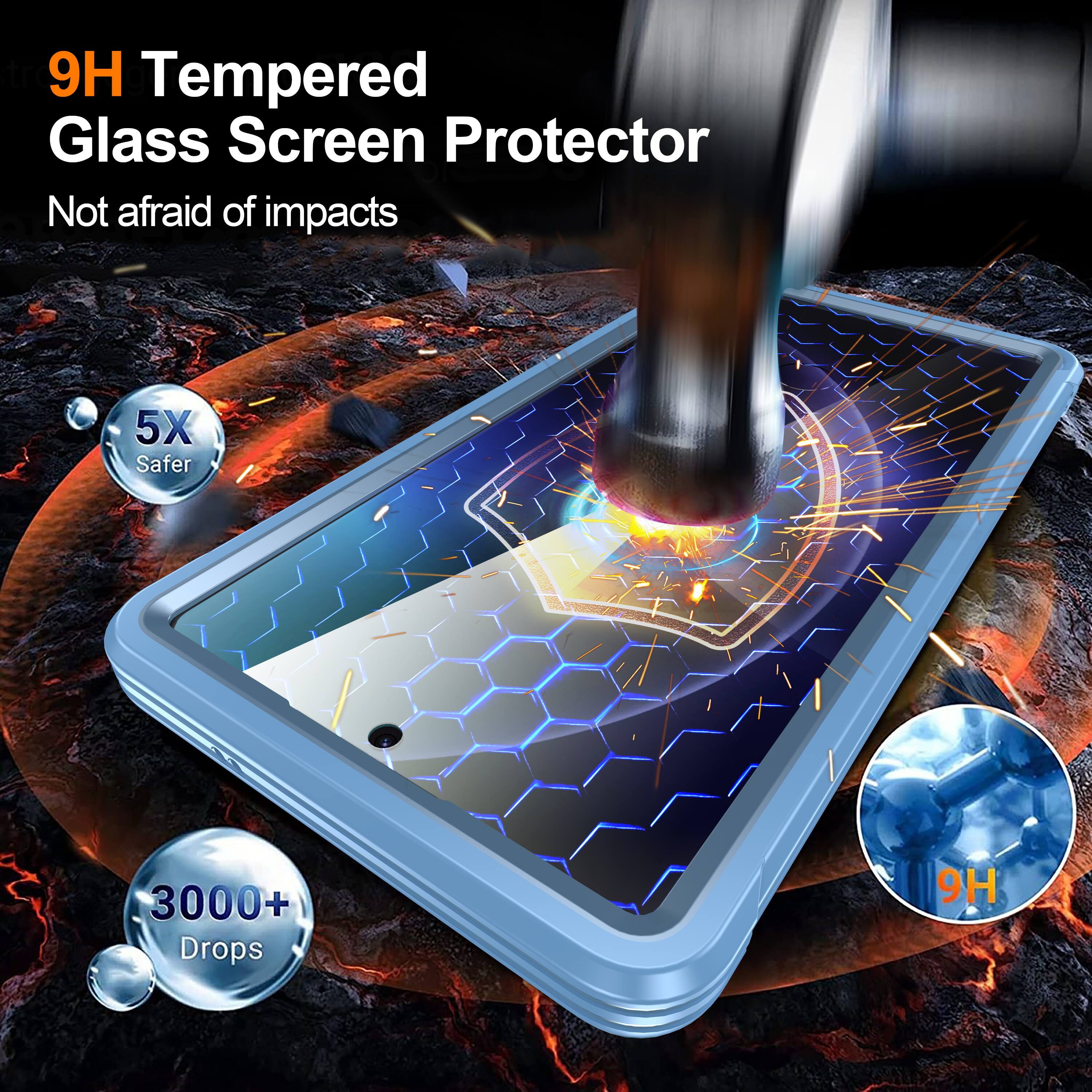 9H Tempered Glass Screen Protector  
Not afraid of impacts  
5X Safer  
3000+ Drops  
9H