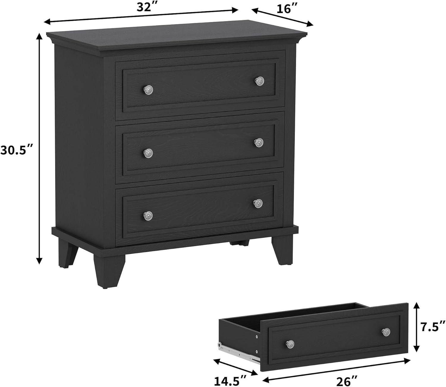 Qeetex - 3 Drawer Dresser for Bedroom, Wide Chest of Drawers with Vintage Handle, Modern Wood Dresser Wide Nightstand - Black