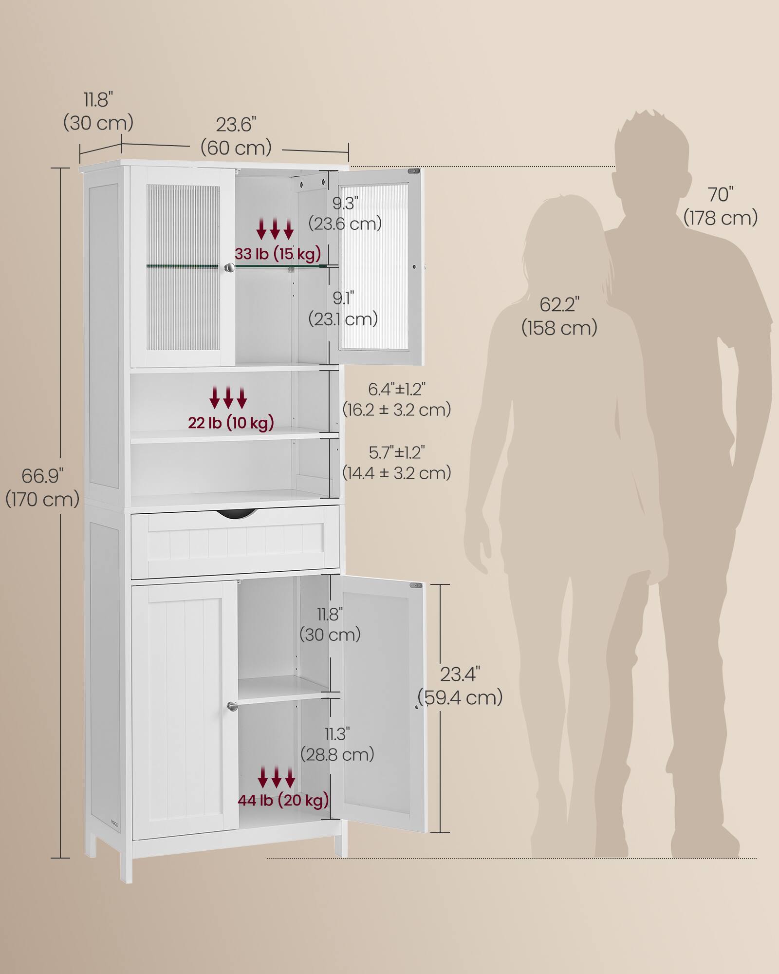 11.8" (30 cm)  
23.6" (60 cm)  
9.3" (23.6 cm)  
33 lb (15 kg)  
70" (178 cm)  
9.1" (23.1 cm)  
62.2" (158 cm)  
66.9" (170 cm)  
22 lb (10 kg)  
6.4" ±1.2" (16.2 ± 3.2 cm)  
5.7" ±1.2" (14.4 ± 3.2 cm)  
11.8" (30 cm)  
11.3" (28.8 cm)  
23.4" (59.4 cm)  
44 lb (20 kg)