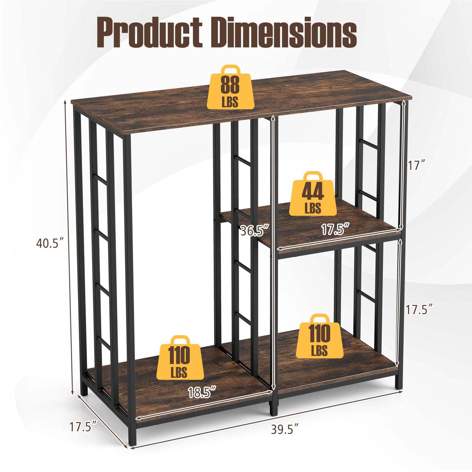 Product Dimensions: 88 LBS, 40.5" x 36.5" x 17", 44 LBS, 17.5" x 17", 110 LBS, 18.5" x 17.5" x 39.5"