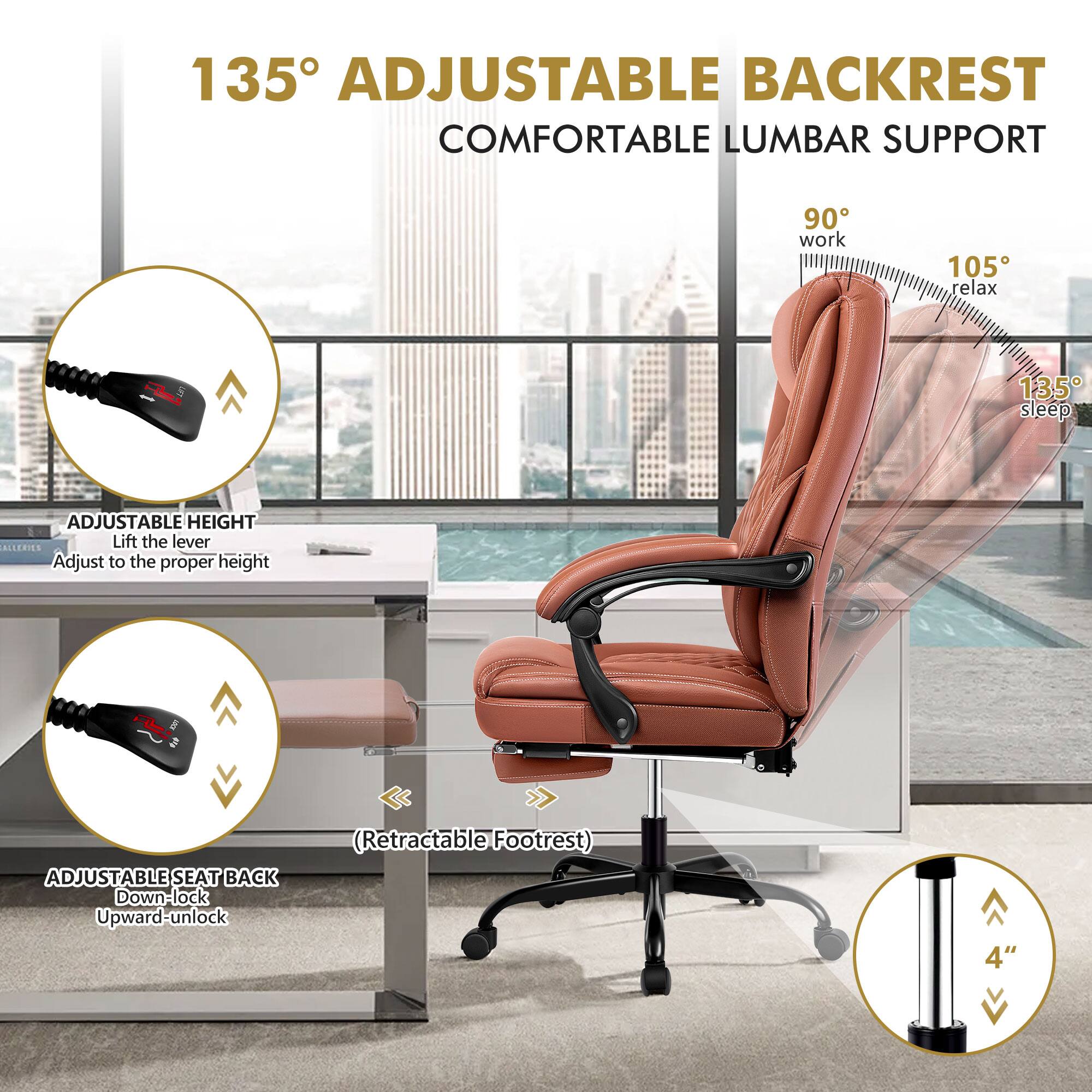 135° ADJUSTABLE BACKREST  
COMFORTABLE LUMBAR SUPPORT  

90° work  
105° relax  
135° sleep  

ADJUSTABLE HEIGHT  
Lift the lever  
Adjust to the proper height  

ADJUSTABLE SEAT BACK  
Down-lock  
Upward-unlock  

(Retractable Footrest)  

4"
