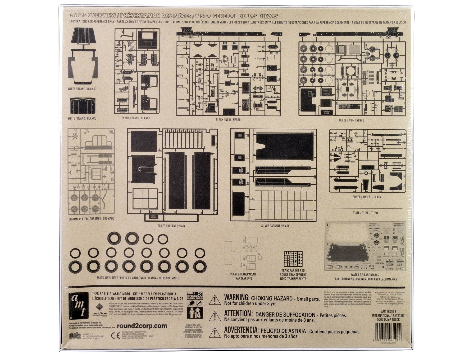 **Parts Overview / Présentation des pièces / Vista general de las piezas**

**Illustrations for reference only - Parts shown at reduced size / Les illustrations sont pour référence uniquement - Les pièces sont illustrées en taille réduite / Ilustraciones para referencia solamente - Piezas se muestran en tamaño reducido**

- **White / Blanco / Blanco**
- **Black / Noir / Negro**
- **Chrome Plated / Cromé / Cromado**
- **Silver / Argent / Plata**
- **Clear / Transparente / Transparente**
- **Black Vinyl Tires / Pneus en vinyle noir / Neumáticos de vinilo negro**
- **Tube / Tubo / Tubo**

**Water Release Decals / Decalcomanías / Comunicado de agua**

**1/25 Scale Plastic Model Kit / Modèle en plastique / Kit de modelismo de plástico**

**Round2cor.com**

**Warning: Choking Hazard - Small parts. Not for children under 3 yrs. / Attention: Danger de suffocation - Petites pièces. Ne convient pas aux enfants de moins de 3 ans. / Advertencia: Peligro de as