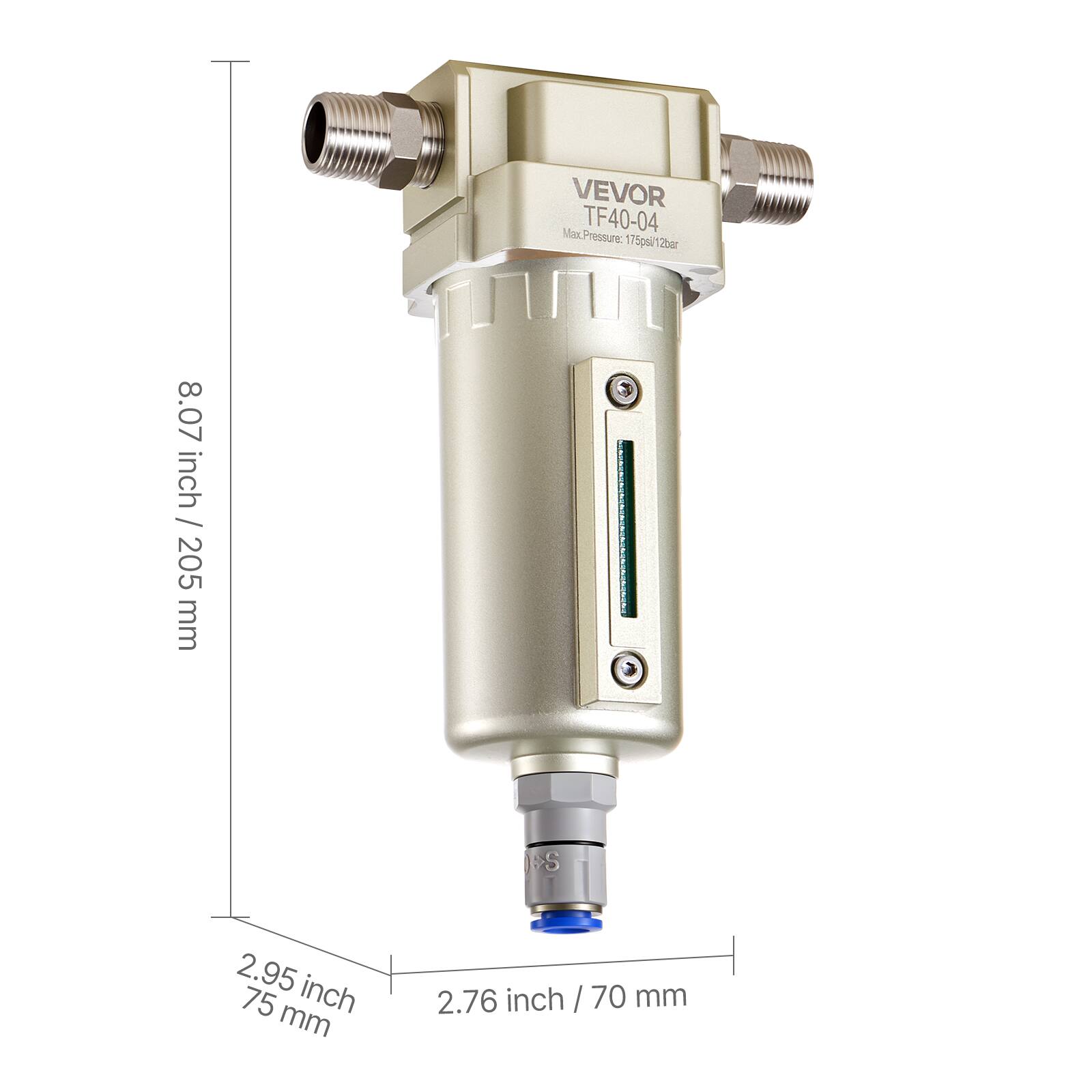 VEVOR TF40-04  
Pressure: 175psi/12bar  
8.07 inch / 205 mm  
2.95 inch / 75 mm  
2.76 inch / 70 mm