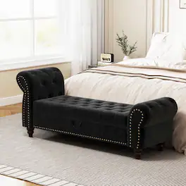 Ropilly - Velvet Bed Bench with Storage Tufted Chaise Lounge - Black