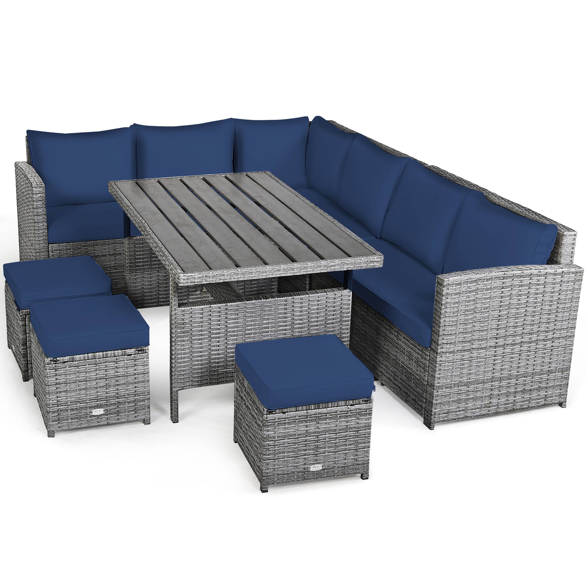 Angle. Costway - 7 PCS Patio Rattan Dining Set Sectional Sofa Couch Ottoman - Navy.