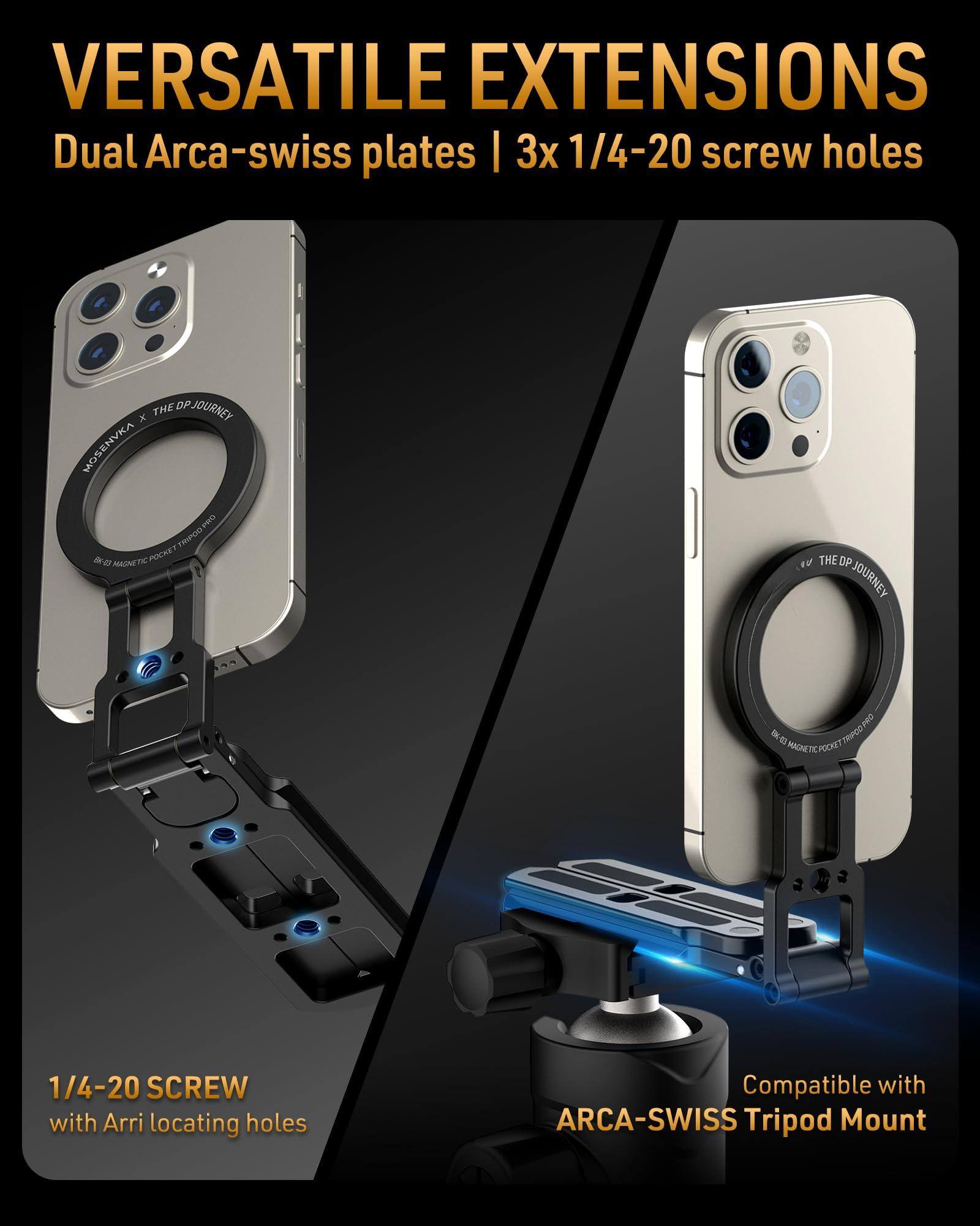 VERSATILE EXTENSIONS  
Dual Arca-swiss plates | 3x 1/4-20 screw holes  

1/4-20 SCREW with Arri locating holes  

Compatible with ARCA-SWISS Tripod Mount