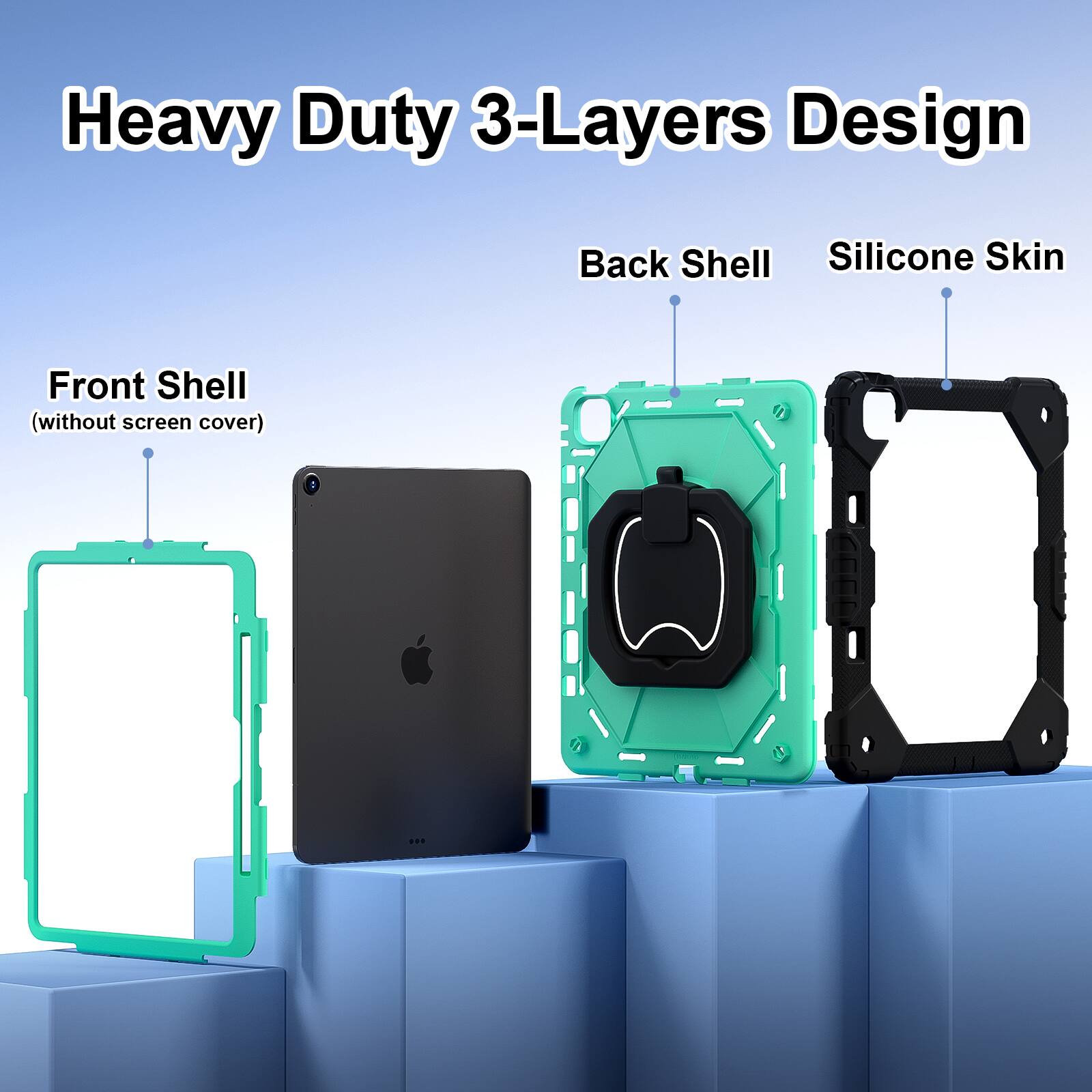 Heavy Duty 3-Layers Design  
Back Shell  
Silicone Skin  
Front Shell (without screen cover)