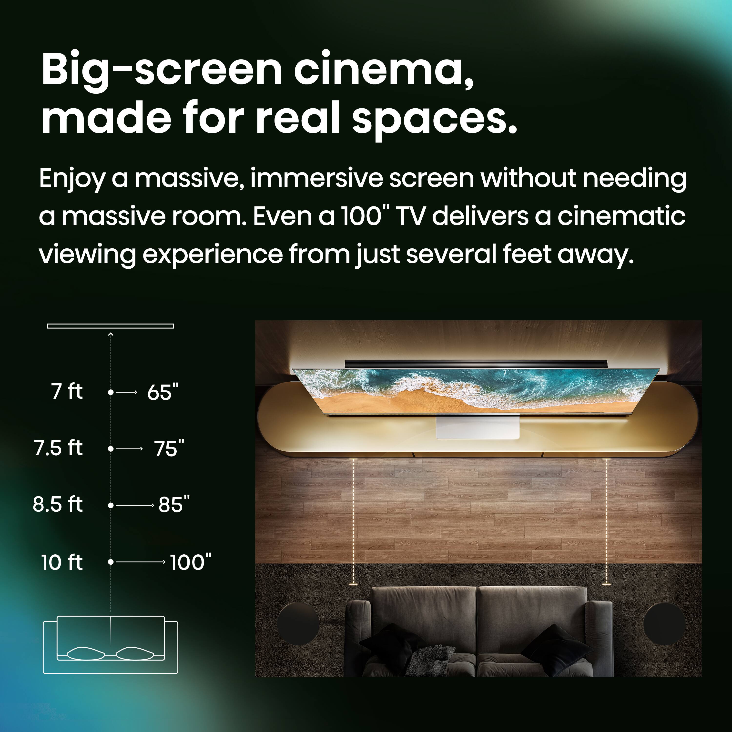 Big-screen cinema, made for real spaces.

Enjoy a massive, immersive screen without needing a massive room. Even a 100" TV delivers a cinematic viewing experience from just several feet away.

7 ft — 65"
7.5 ft — 75"
8.5 ft — 85"
10 ft — 100"