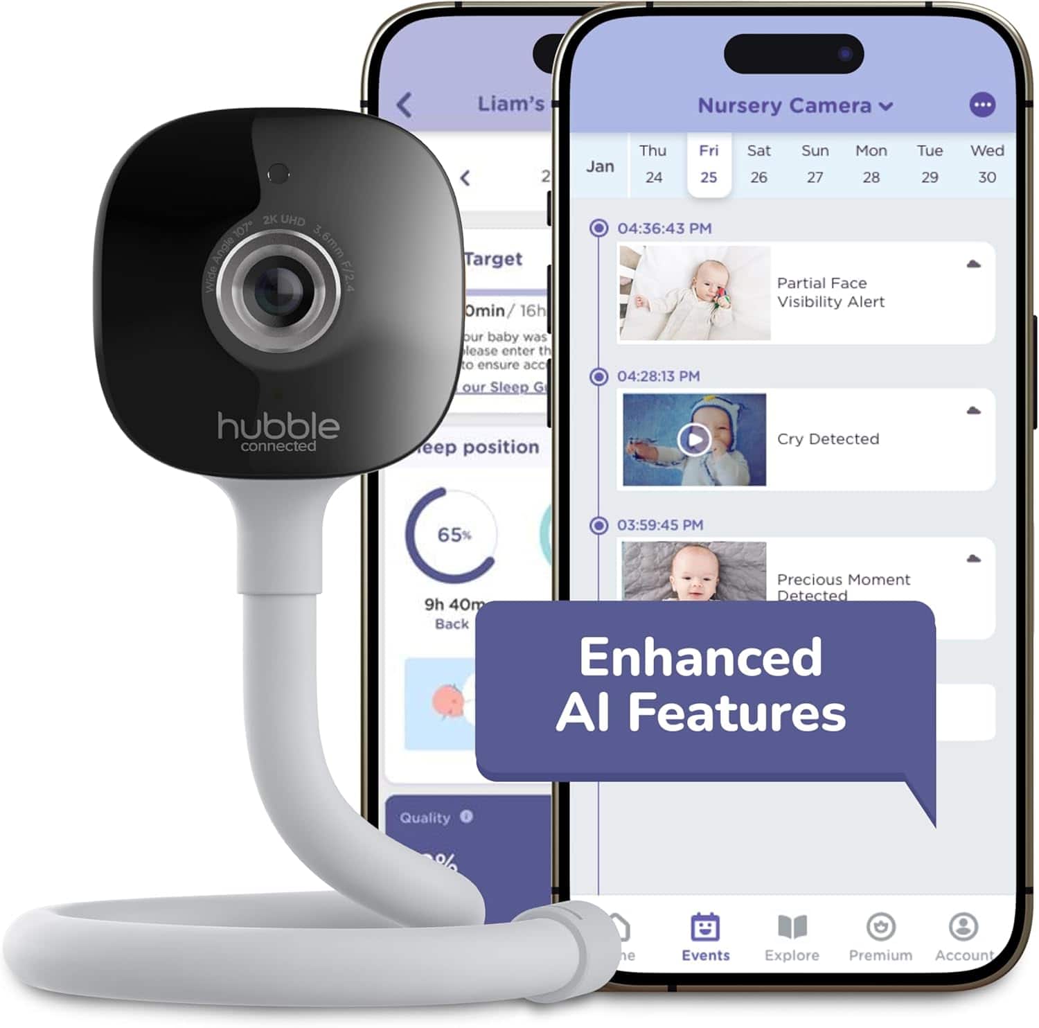 Hubble Connected - GoBaby AI— Baby Monitor Camera w/ Covered Face & Rollover Alert, True Cry Detection, Sleep Trainer & More - HB585AIBU
