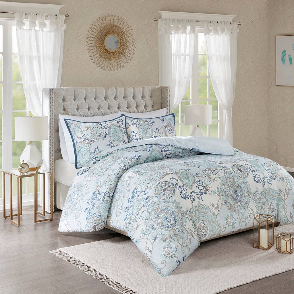 Alt View 1. Gracie Mills - Gracie Mills Leo 8 Piece Reversible Cotton Floral Comforter Set - Blue.
