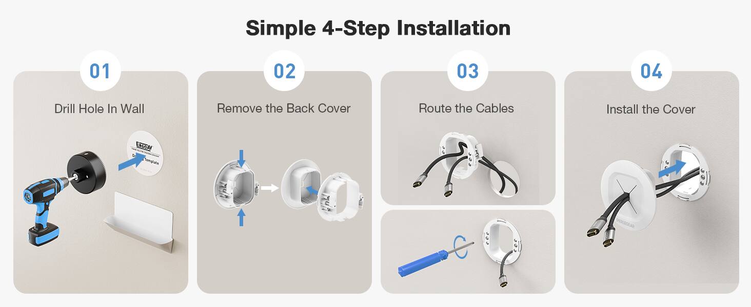 Simple 4-Step Installation

01. Drill Hole In Wall
02. Remove the Back Cover
03. Route the Cables
04. Install the Cover