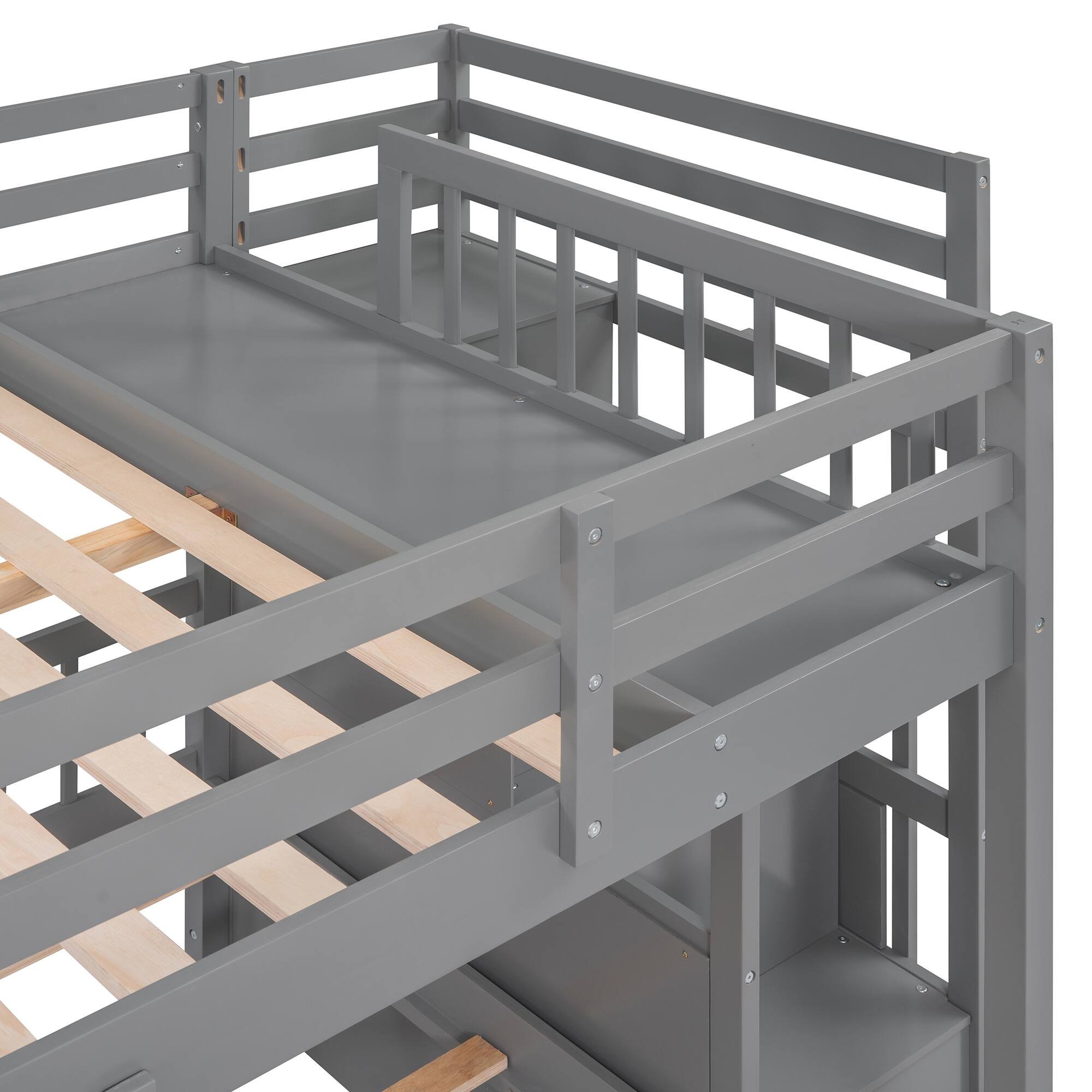 Alt View 4. Tiramisubest - Full Over Twin & Twin Wood Triple Bunk Bed, Gray: Space-Saving, Sturdy & Safe - Gray.