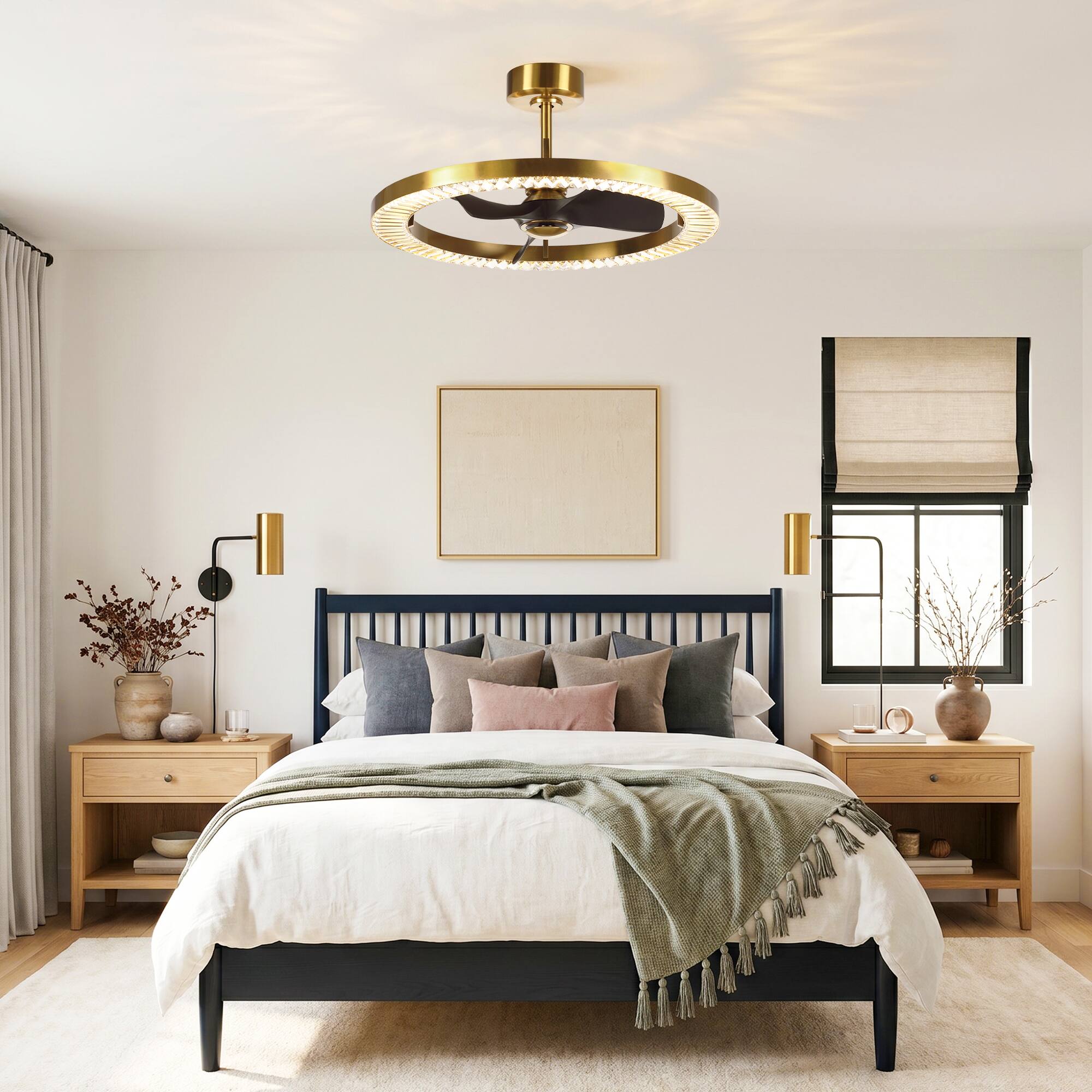 Back. Parrot Uncle - 32 Inch Gold Crystal LED  DC Motor Dimmable Ceiling Fan Caged Chandelier Bladeless Fan with Remote and 6 Speeds - Gold.