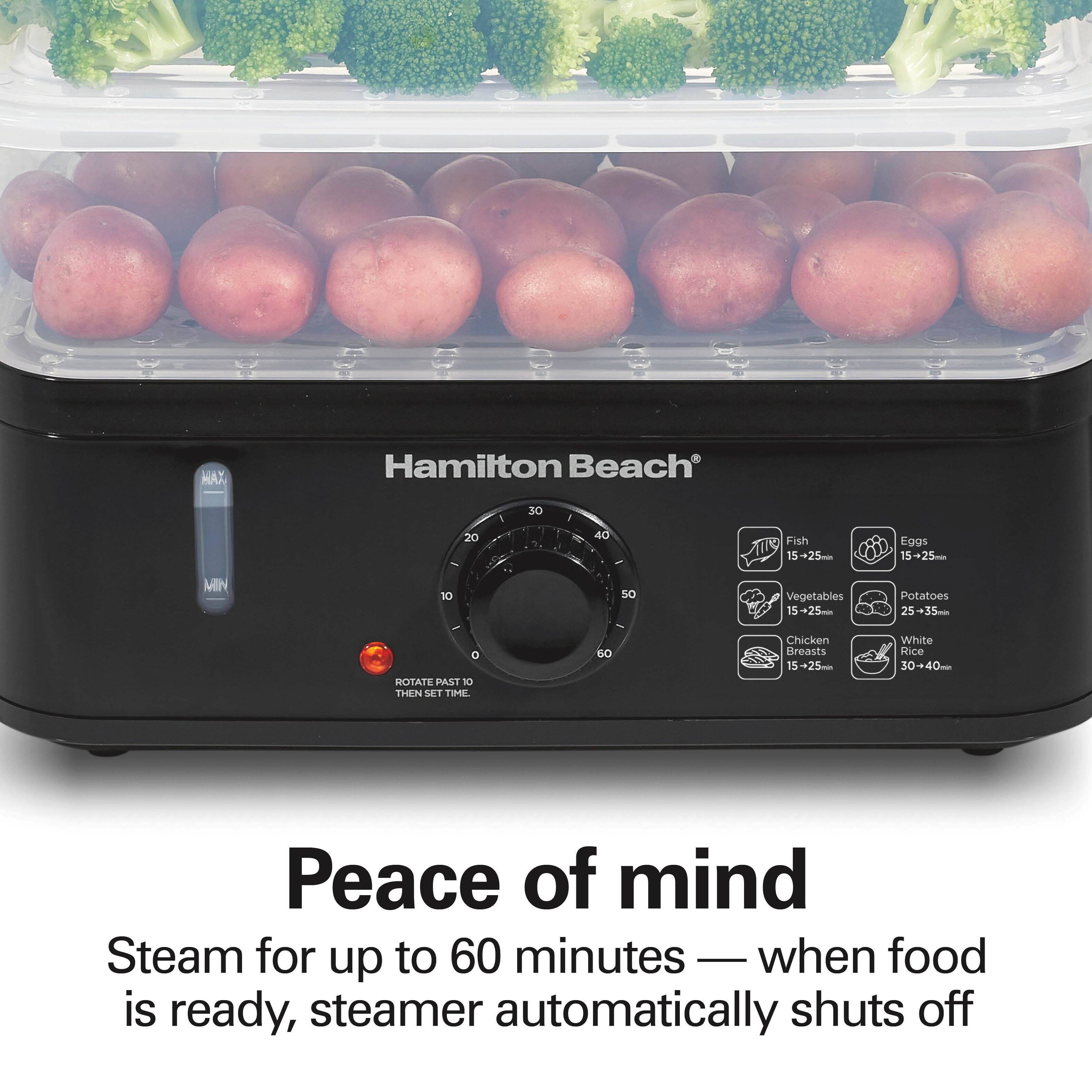 MAX  
Hamilton Beach  
30  
20  
40  
Fish 15-25m  
Eggs 15-25m  
MIN  
10  
50  
Vegetables 15-25m  
Potatoes 25-35m  
0  
ROTATE PAST 10 THEN SET TIME  
60  
Chicken Breasts 15-25m  
White Rice 30-40m  
Peace of mind  
Steam for up to 60 minutes - when food is ready, steamer automatically shuts off