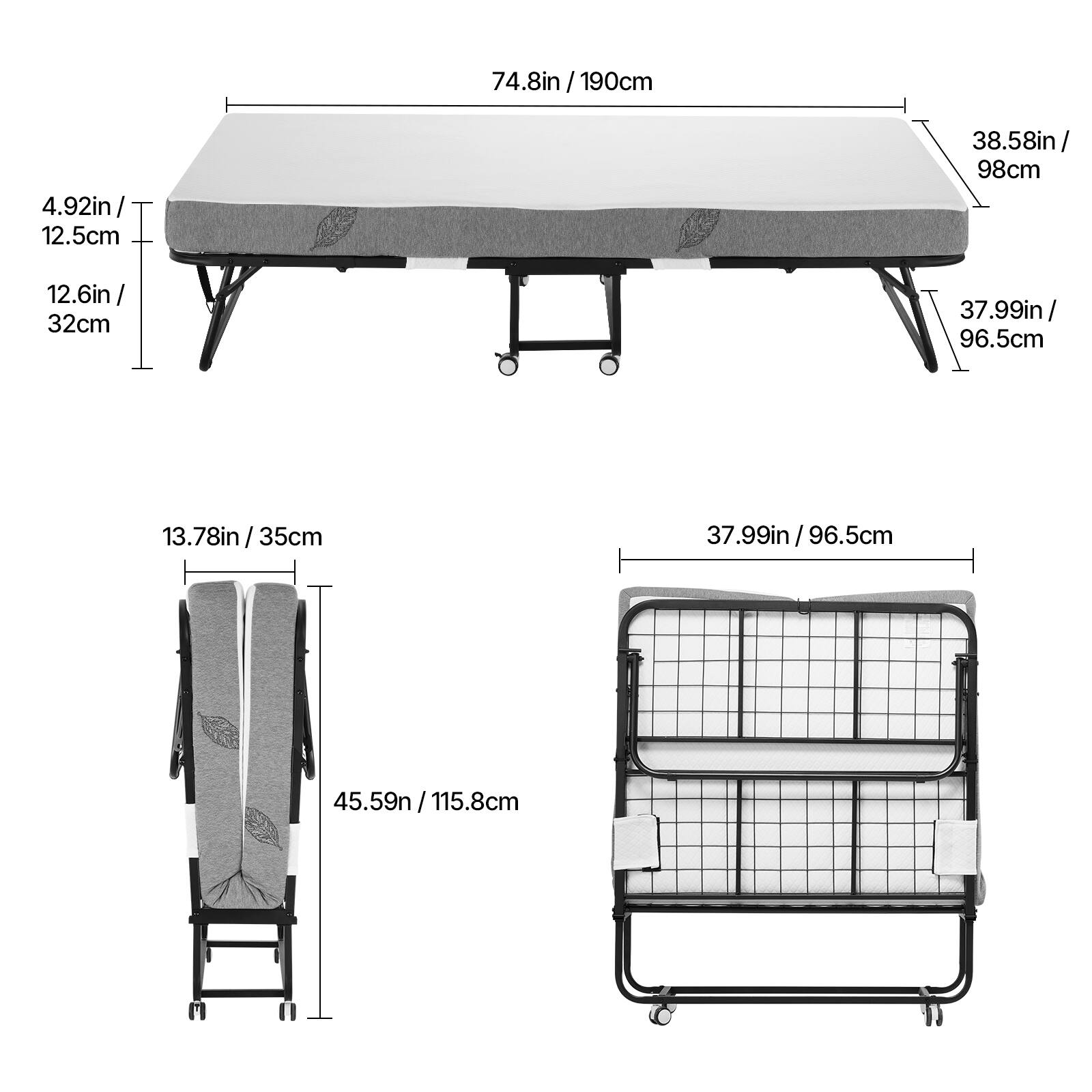 74.8in / 190cm  
4.92in / 12.5cm  
12.6in / 32cm  
38.58in / 98cm  
37.99in / 96.5cm  
13.78in / 35cm  
45.59in / 115.8cm