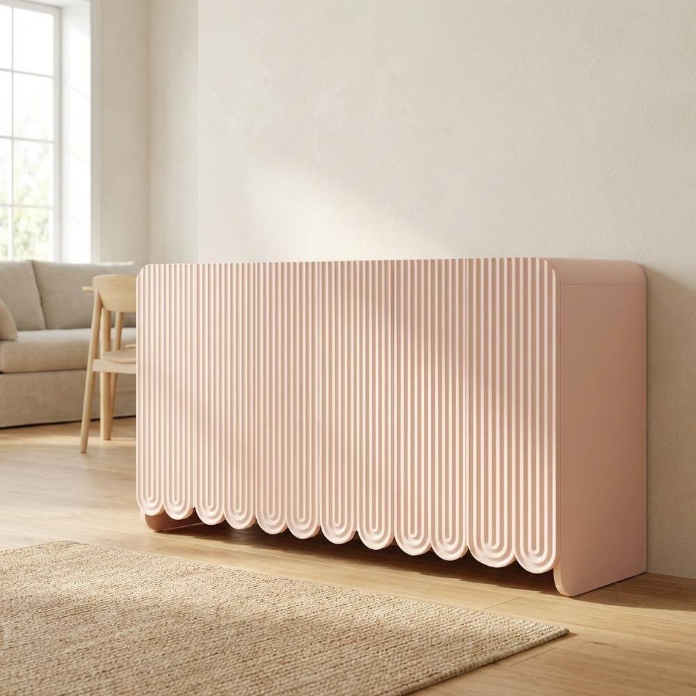 Angle. FurniFact - Fluted And Scalloped Sideboard Storage Cabinet In Elegant Finish - Pink.