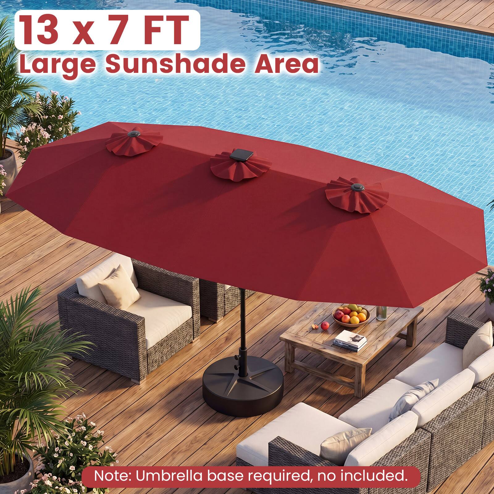 13 x 7 FT Large Sunshade Area

Note: Umbrella base required, no included.