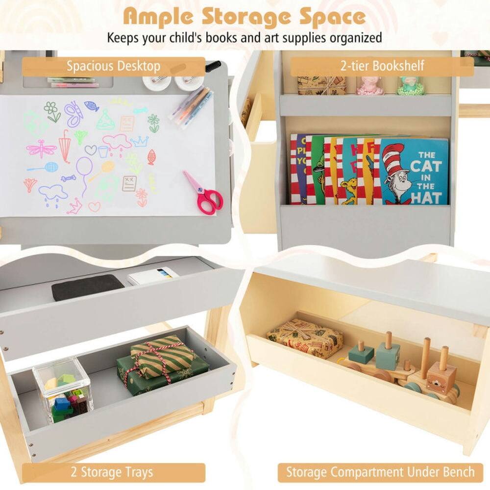 Ample Storage Space  
Keeps your child's books and art supplies organized

- Spacious Desktop
- 2-tier Bookshelf
- 2 Storage Trays
- Storage Compartment Under Bench
