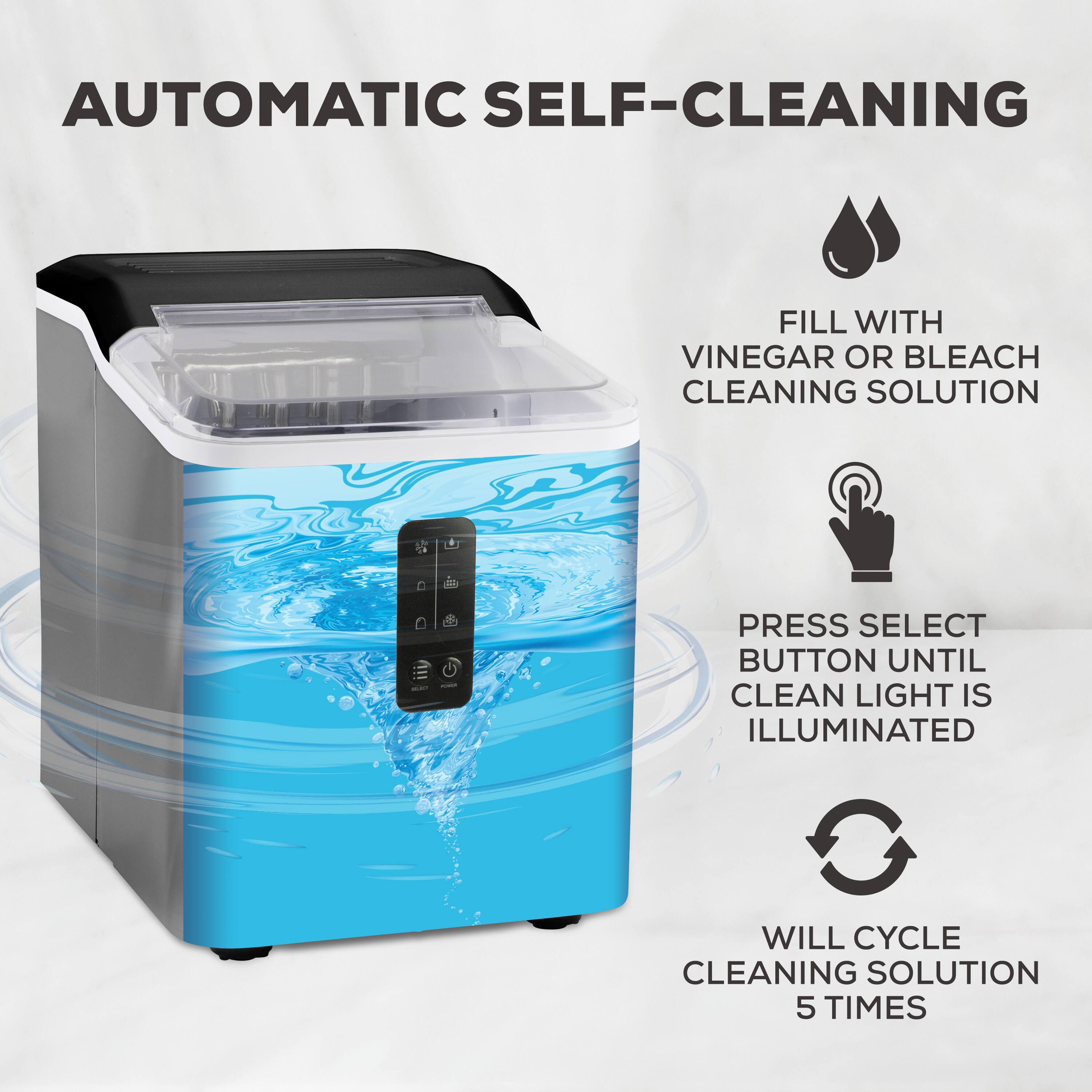 AUTOMATIC SELF-CLEANING

FILL WITH VINEGAR OR BLEACH CLEANING SOLUTION

PRESS SELECT BUTTON UNTIL CLEAN LIGHT IS ILLUMINATED

WILL CYCLE CLEANING SOLUTION 5 TIMES