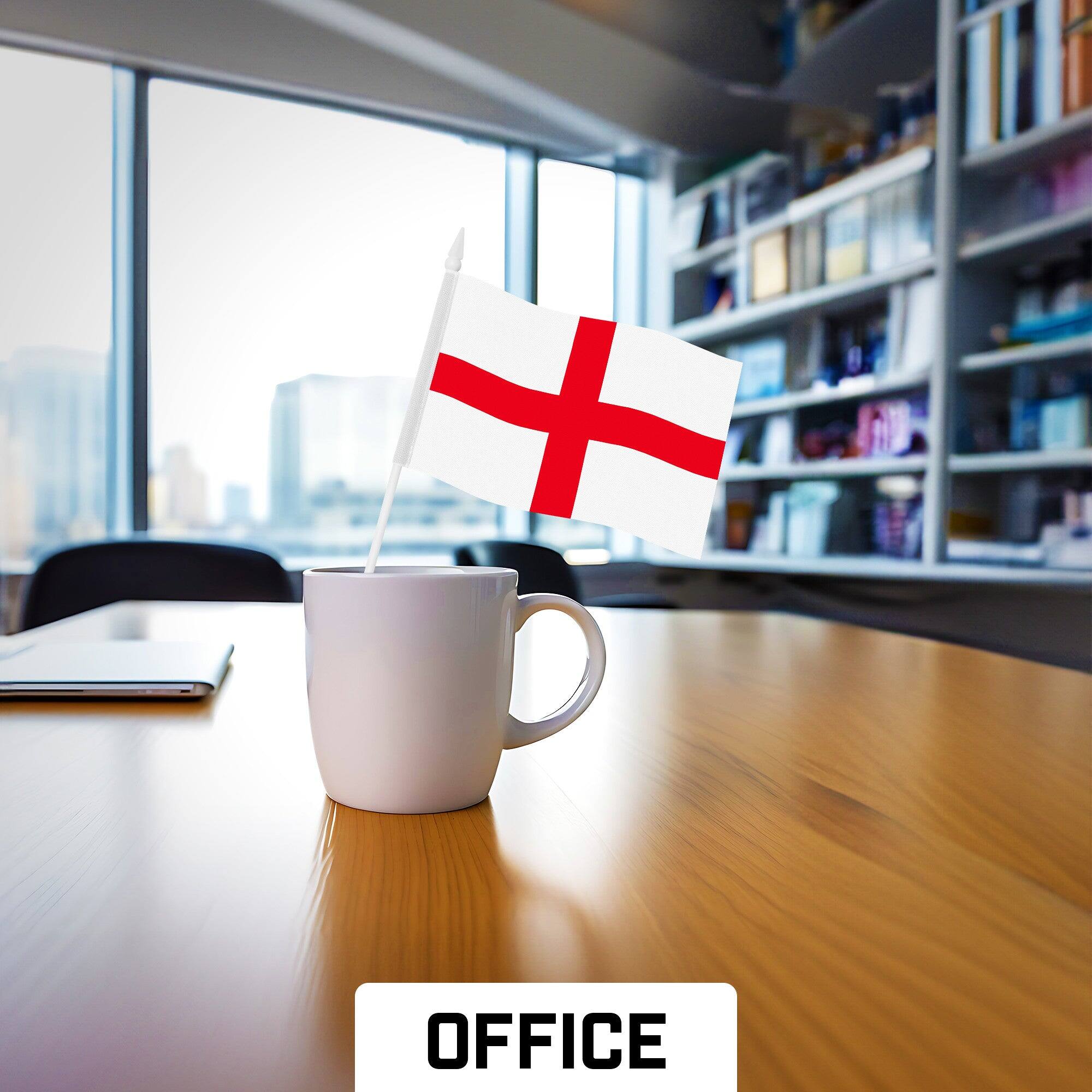 Left. G128 - 50-Pack Handheld England Flags, 4 x 6 in — 150D Polyester with Plastic Stick and Spear Tip. - Assorted Colors.