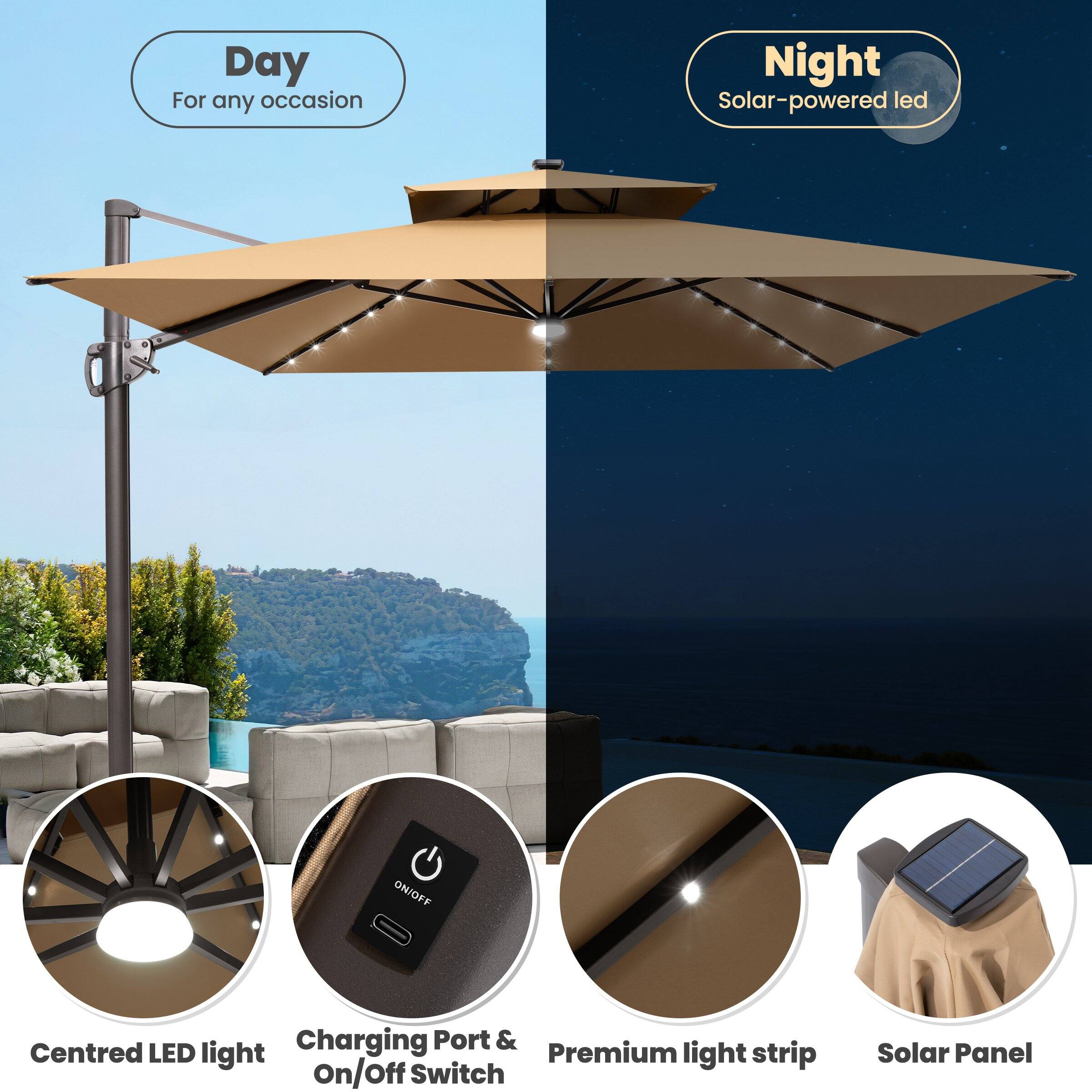 - Day
  - For any occasion

- Night
  - Solar-powered LED

- Centred LED light

- Charging Port & On/Off Switch

- Premium light strip

- Solar Panel