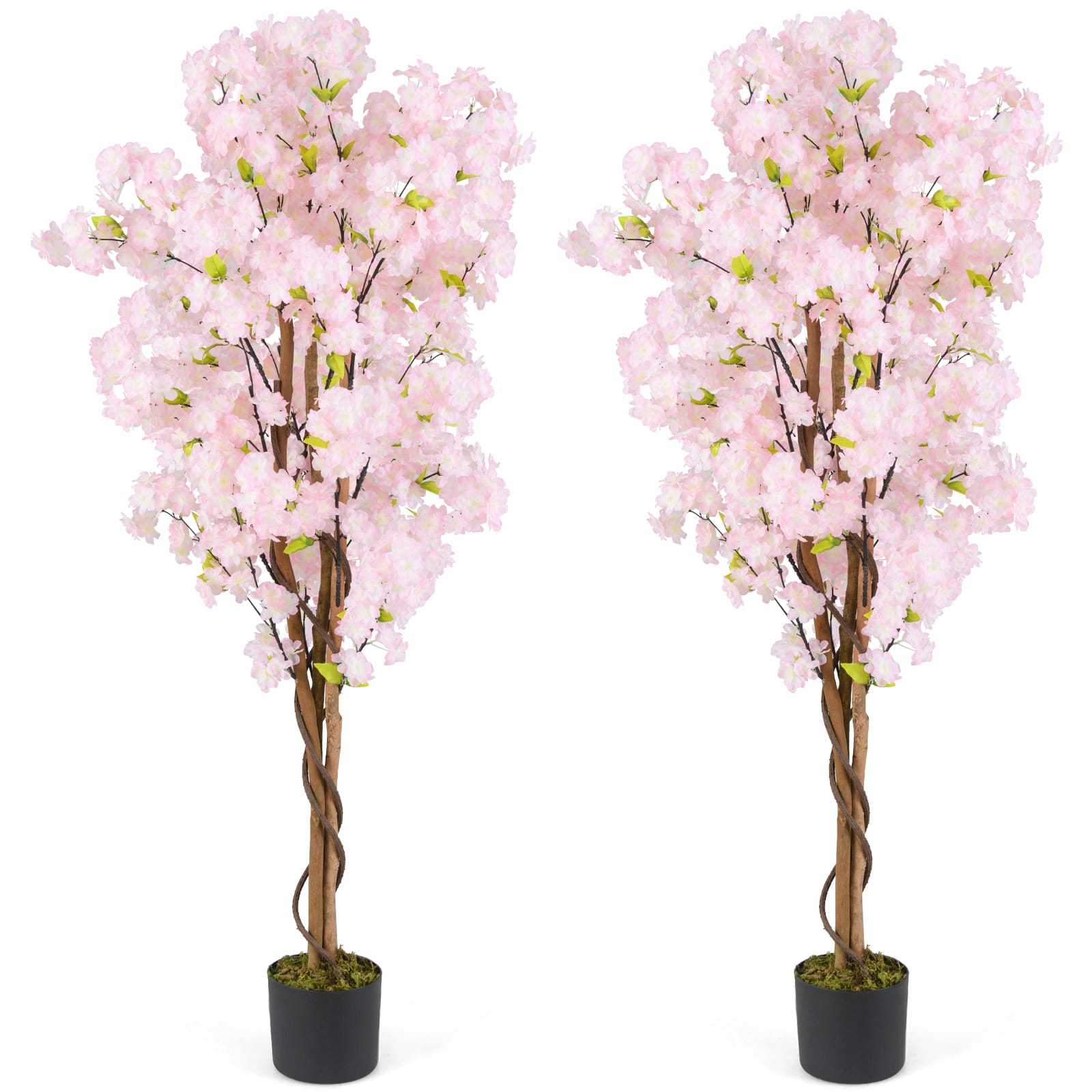 Gymax - 2PCS 5 FT Tall Artificial Cherry Blossom Tree Faux Flower Plant in Nursery Pot - Pink