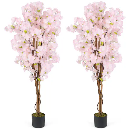 Front. Costway - Costway 2PCS 5FT Artificial Cherry Blossom Tree, Pink Fake Flower Tree, Faux Floral Plant Blooming Tree in Nursery Pot - Pink.