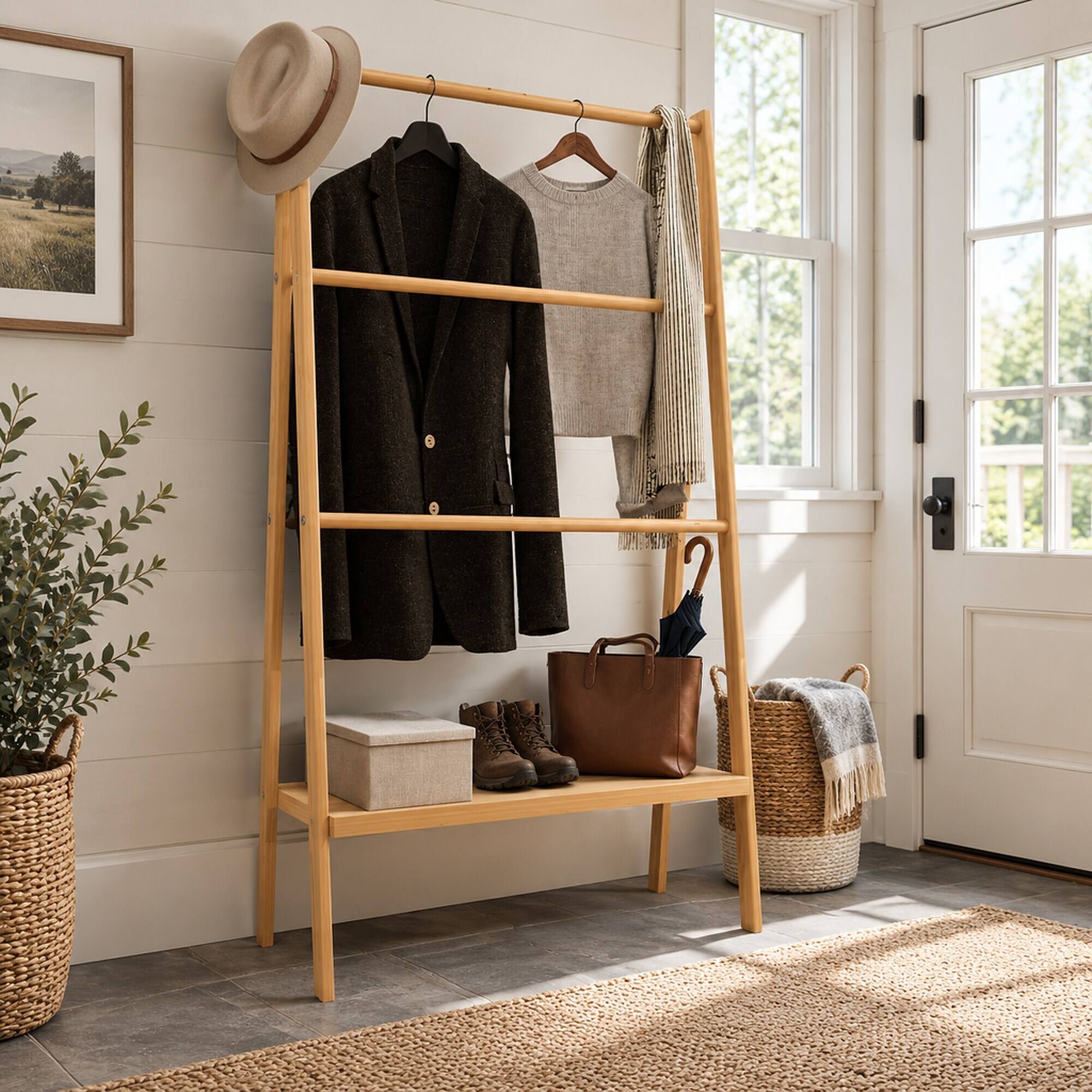 RYHNUYNE Freestanding Bamboo Towel Rack, 30.16 in Long, 51 in Wide, 10. ...