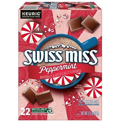 KEURIG  
GENUINE K-CUP PODS  

SWISS MISS  
Peppermint  
NATURALLY & ARTIFICIALLY FLAVORED  

22 RECYCLABLE K-CUP PODS  

HOT COCOA MIX  

NET WT 11.5 OZ (326g)  

SERVING SUGGESTION