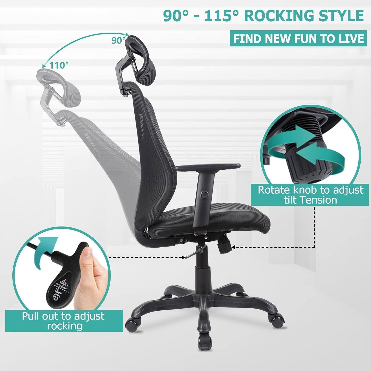90° - 115° ROCKING STYLE  
FIND NEW FUN TO LIVE  

Rotate knob to adjust tilt Tension  

Pull out to adjust rocking