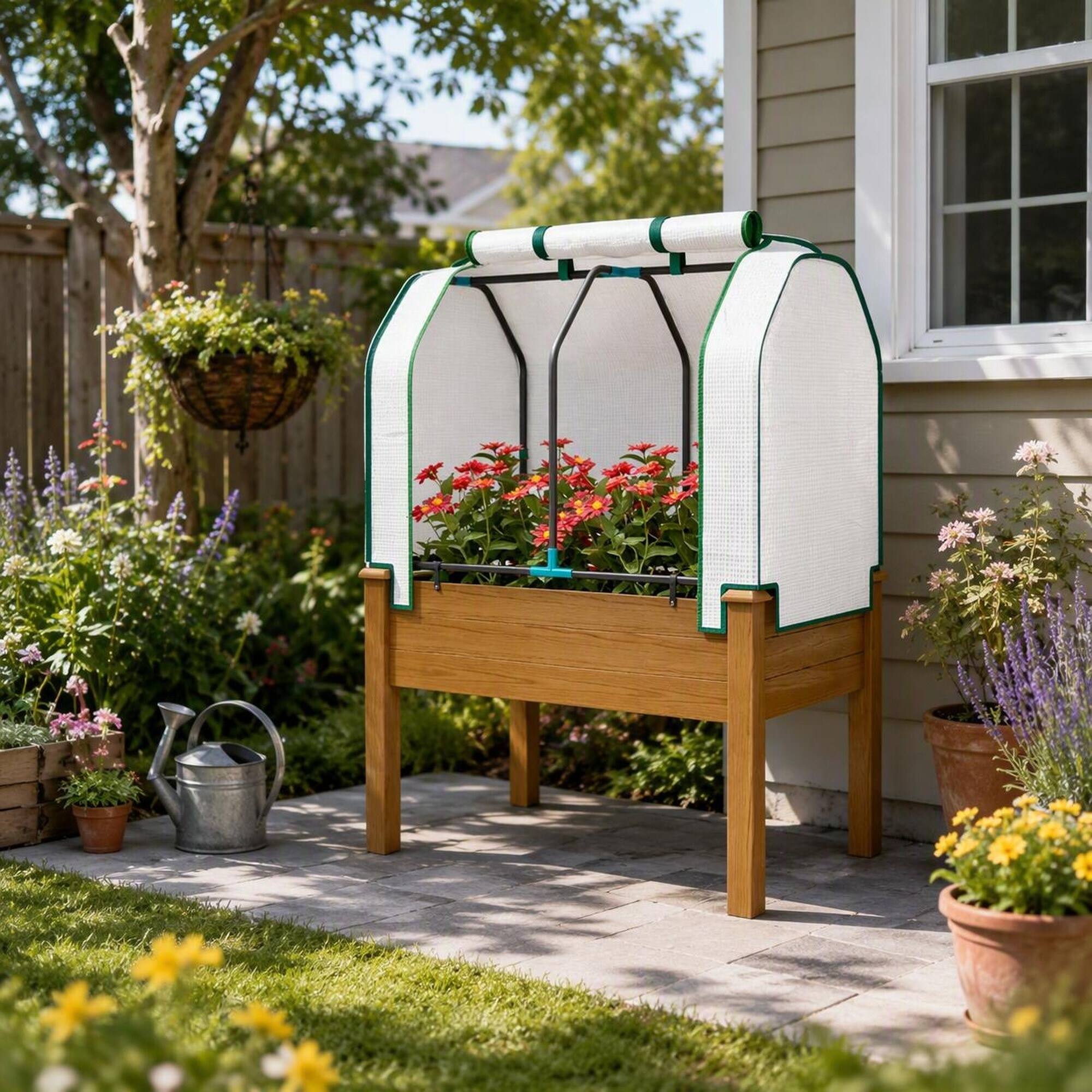 Alt View 2. RYHNUYNE - Wooden Raised Garden Bed with Roll-Up Cover and Steel Frame, 35.4x21.7x46.9 Inches, Brown, for Vegetables - Brown.