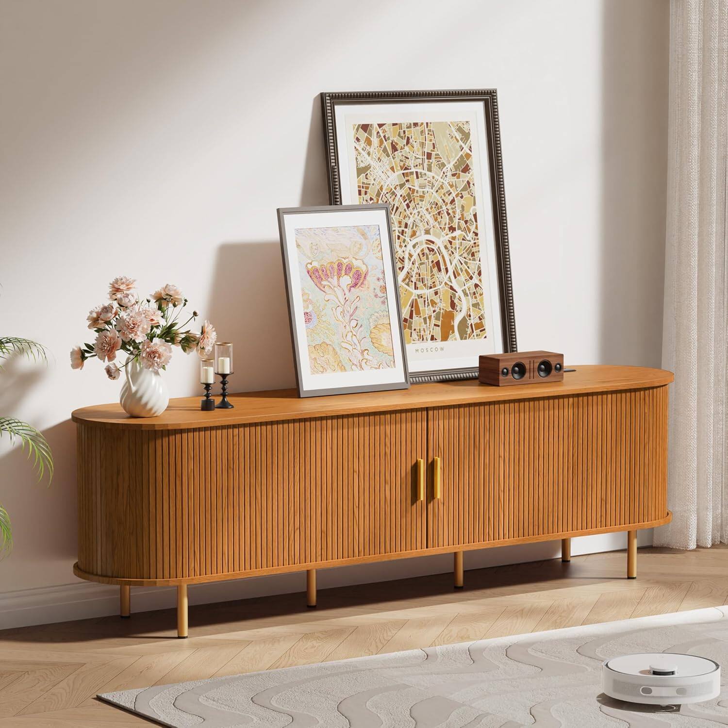 Alt View 1. Tiramisubest - 70.8" Mid Century TV Stand with Power Outlet for TVs up to 80 Inch,Media Console with Adjustable Shelves & Sliding Doors - Yellow Walnut.