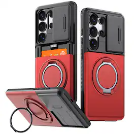 Dteck - Rugged Case for Samsung Galaxy S25 Ultra Shockproof Drop Protection Hidden Card Slot Ring Kickstand Sliding Camera Cover - Red