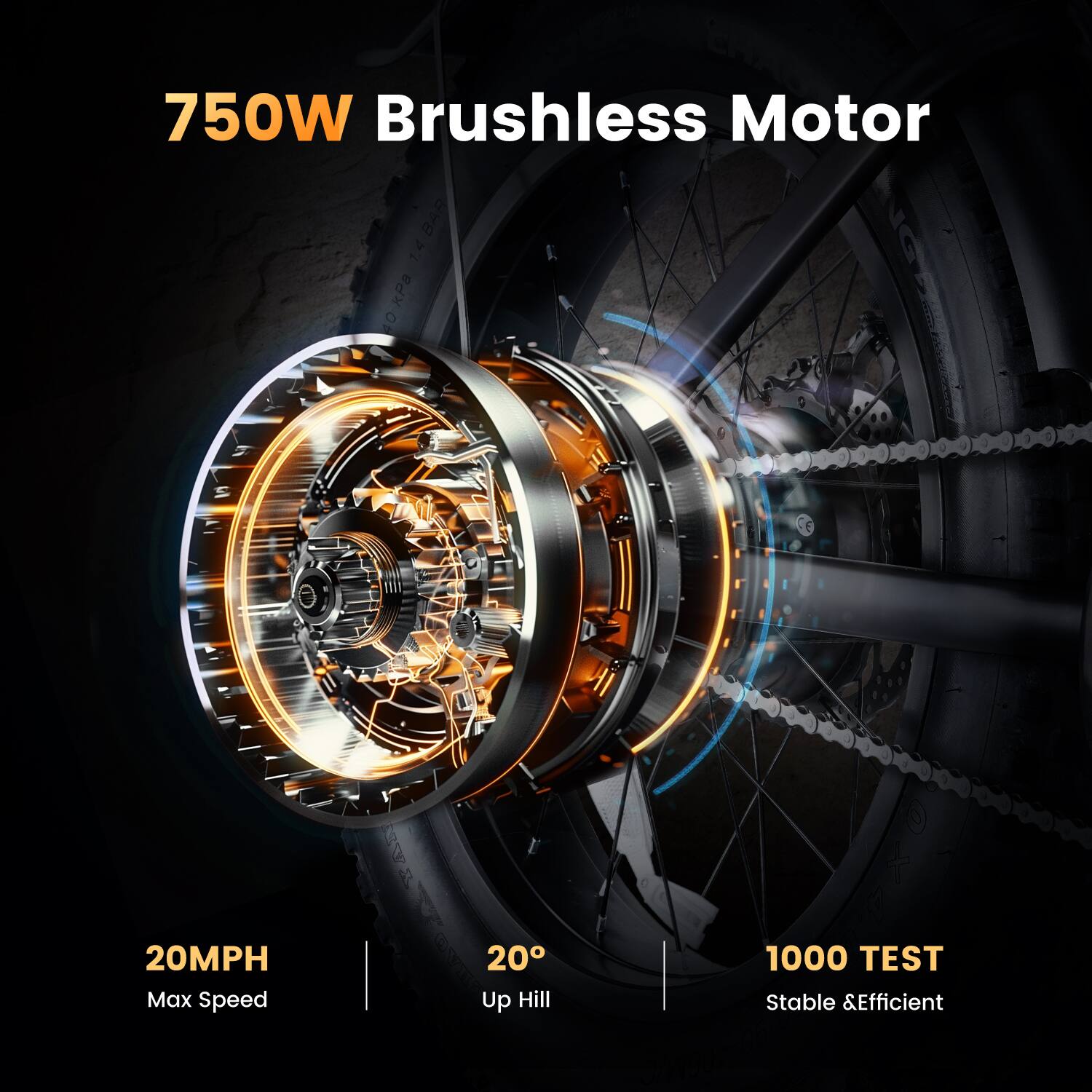 750W Brushless Motor  
1.4 kPa  
20MPH Max Speed  
20° Up Hill  
1000 TEST Stable & Efficient