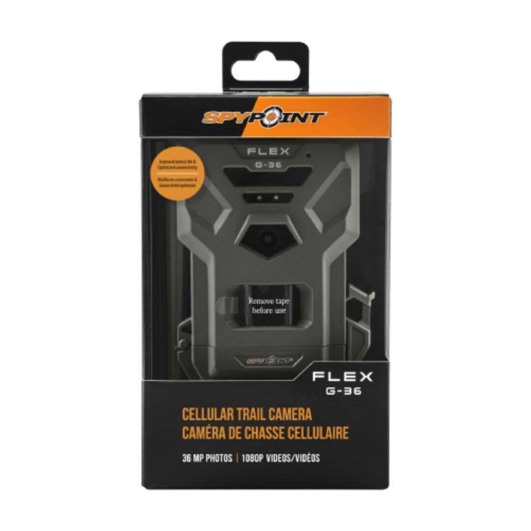 SPYPOINT  
FLEX G-36  

Remove tape before use  

CELLULAR TRAIL CAMERA  
CAMÉRA DE CHASSE CELLULAIRE  

36 MP PHOTOS | 1080P VIDEOS/VIDÉOS