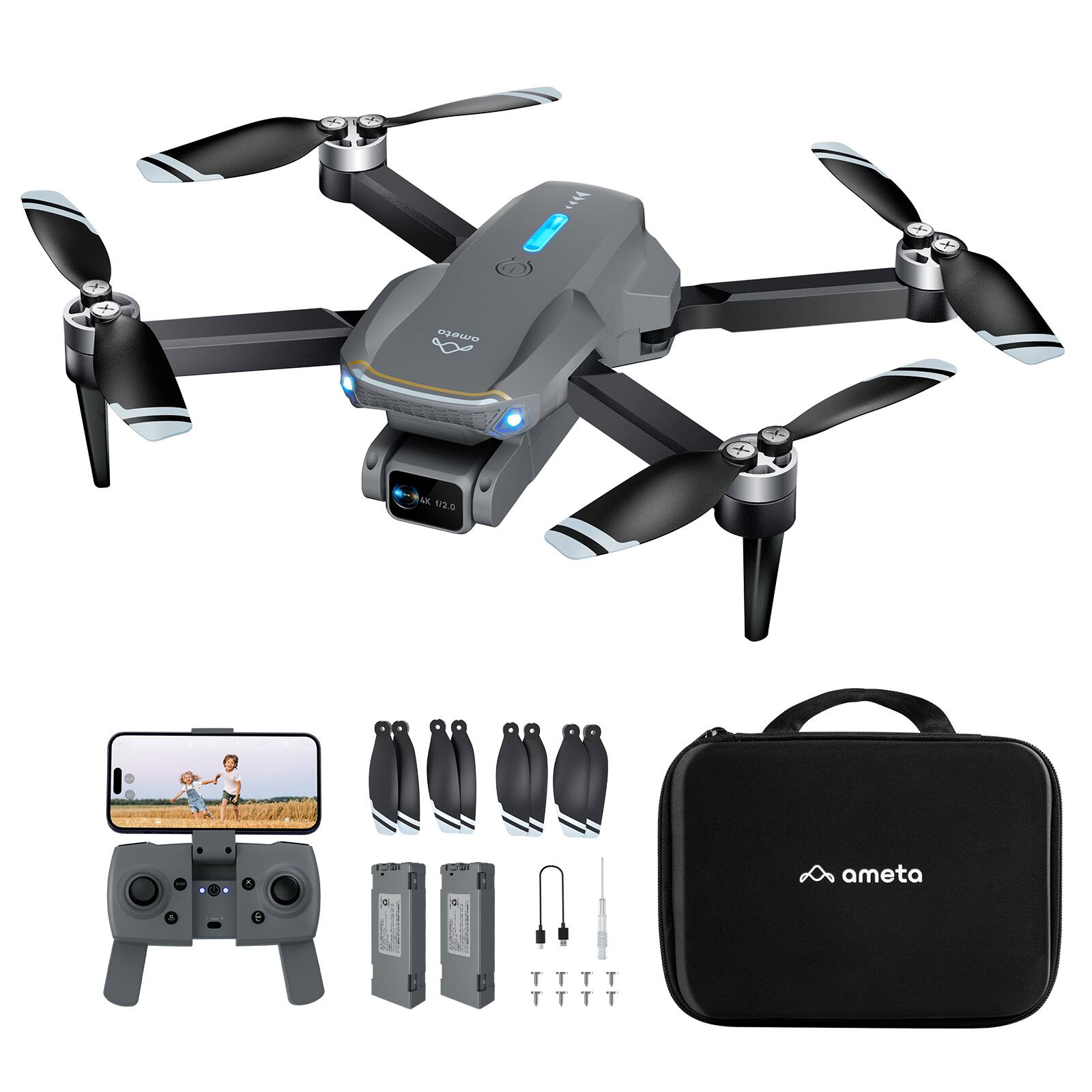 Ameta - S20 Lite Drone with Camera 4K with 2 Batteries and Remote Controller - Gray