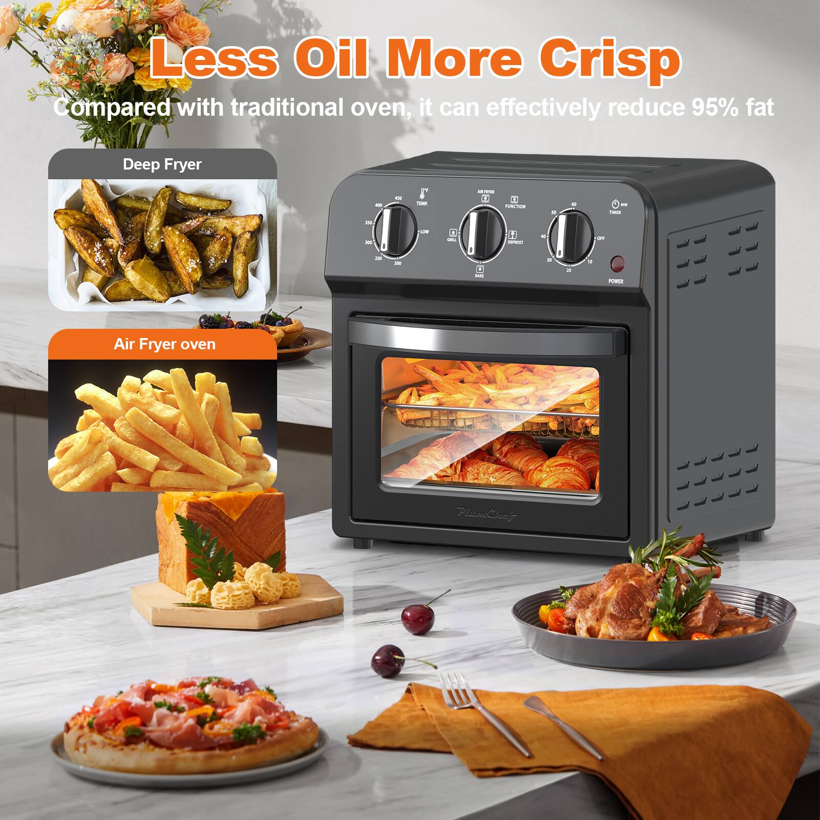 Less Oil More Crisp

Compared with traditional oven, it can effectively reduce 95% fat

Deep Fryer

Air Fryer oven