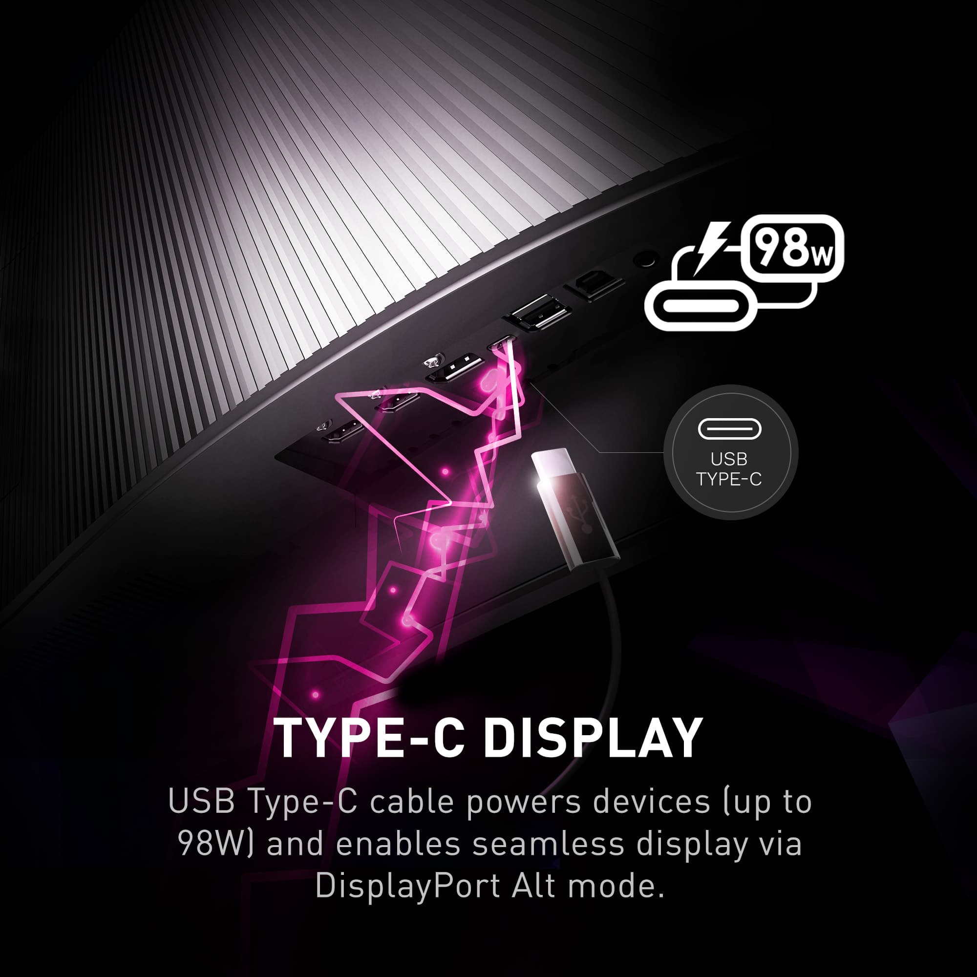 USB Type-C Display: USB Type-C cable powers devices (up to 98W) and enables seamless display via DisplayPort Alt mode.