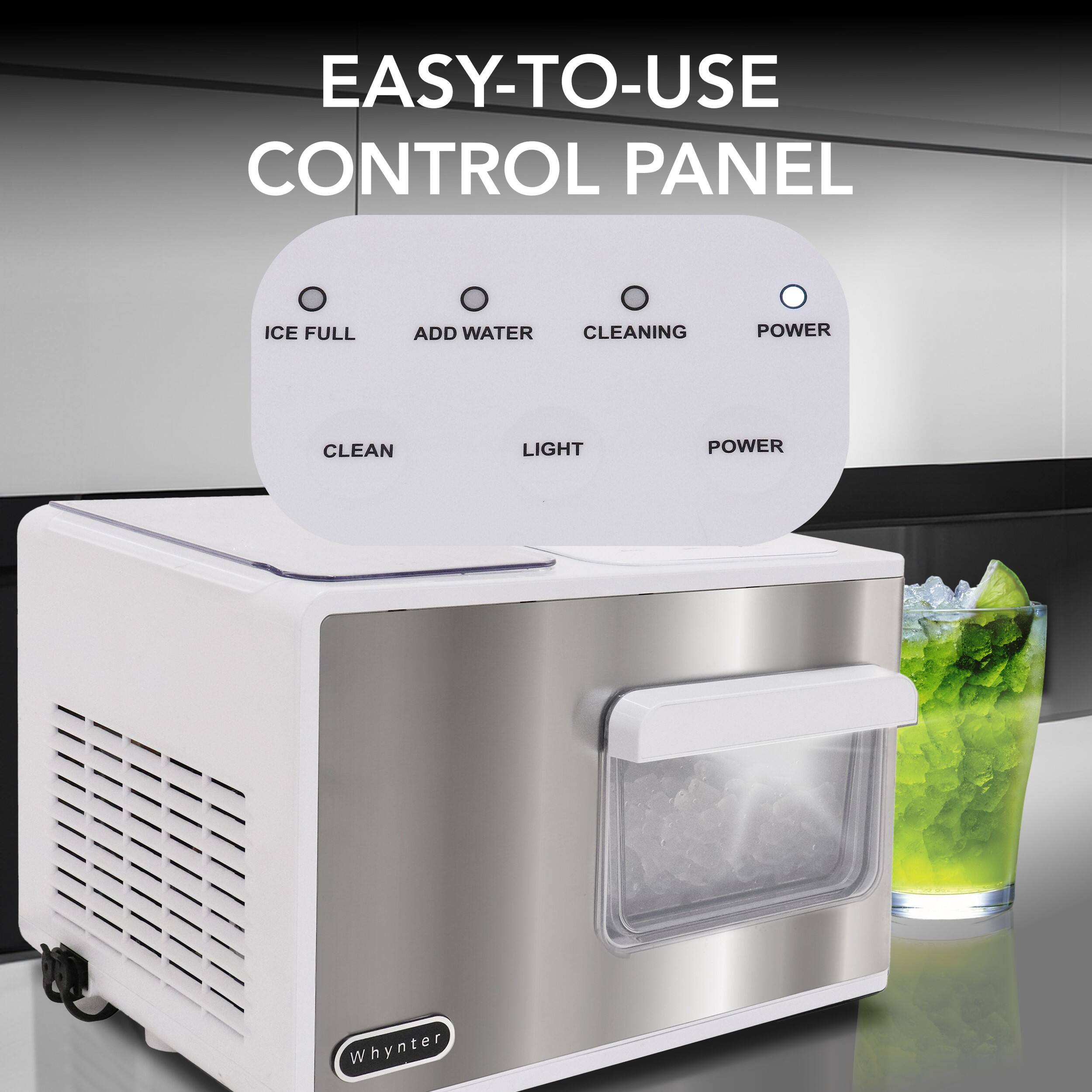 EASY-TO-USE CONTROL PANEL

ICE FULL  
ADD WATER  
CLEANING  
POWER  

CLEAN  
LIGHT  
POWER  

Whynter