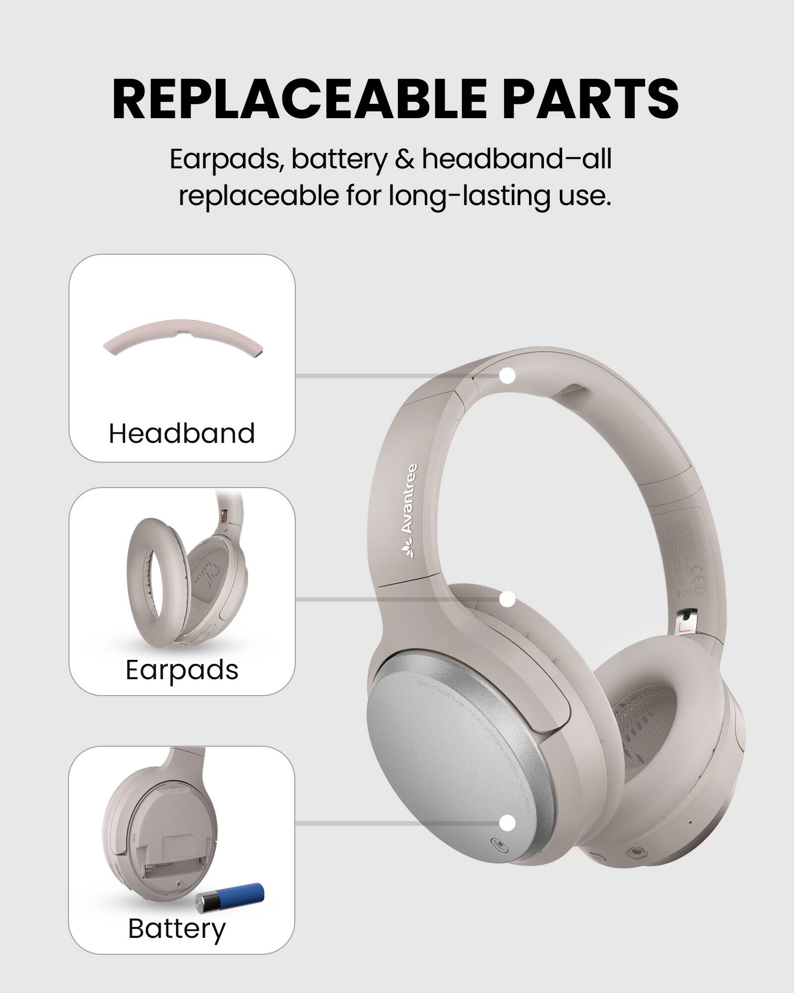 REPLACEABLE PARTS

Earpads, battery & headband—all replaceable for long-lasting use.

Headband

Earpads

Battery